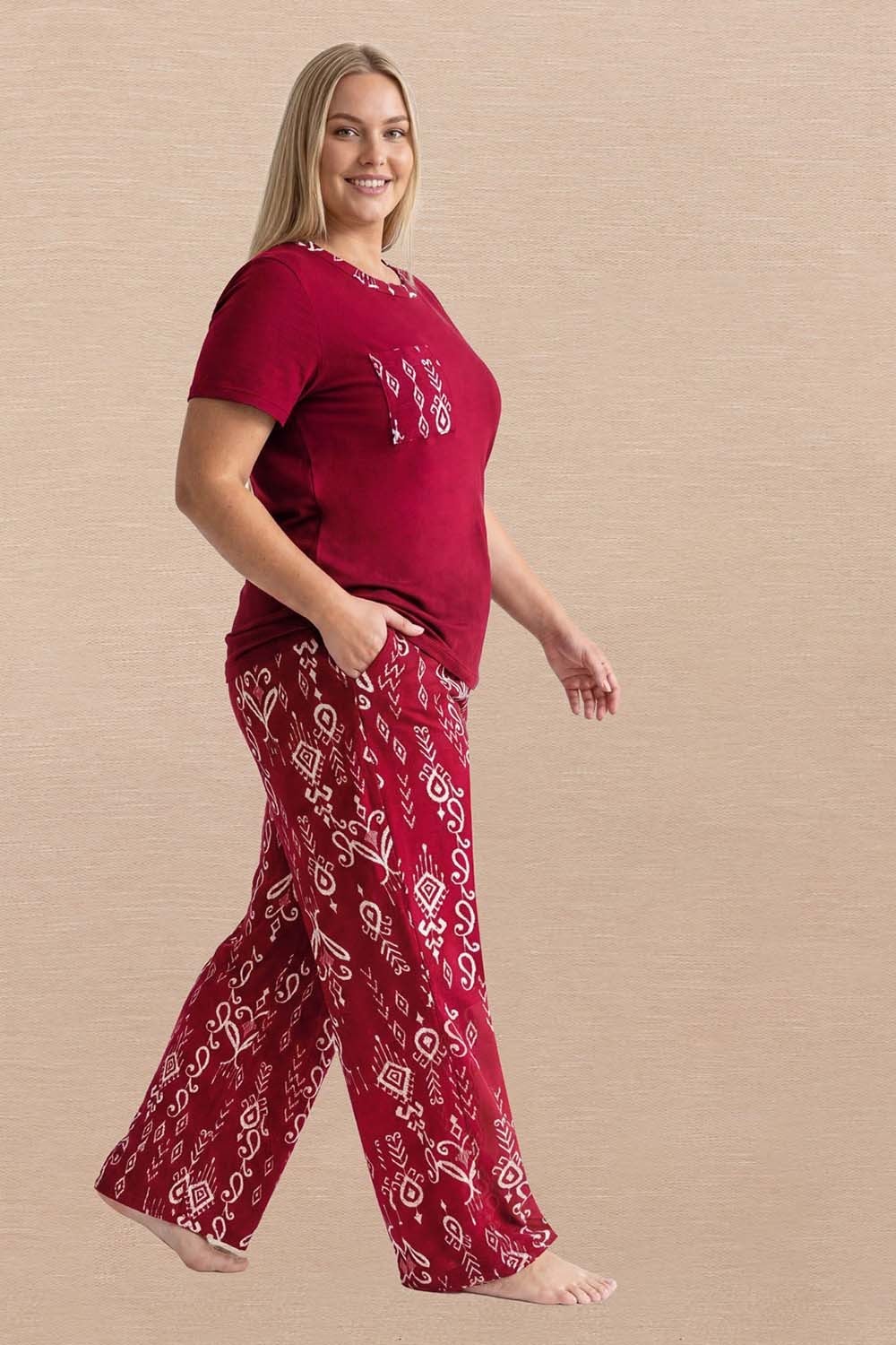 Geniş Paçalı Cepli Bordo Büyük Beden Pijama Takımı