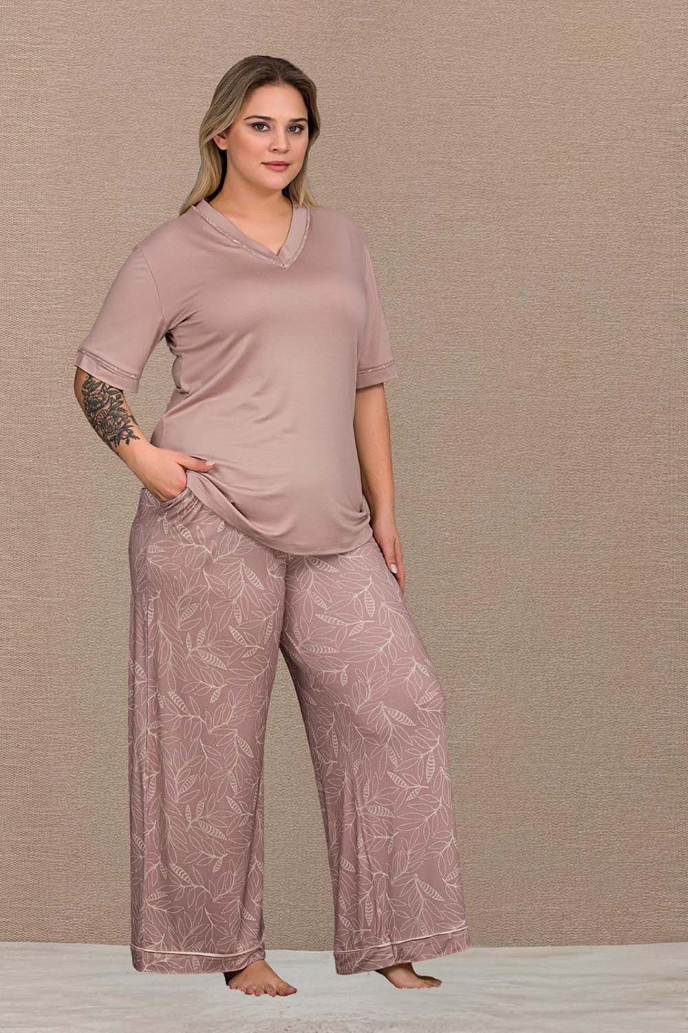 Geniş Paçalı Cepli Büyük Beden Pijama Takımı