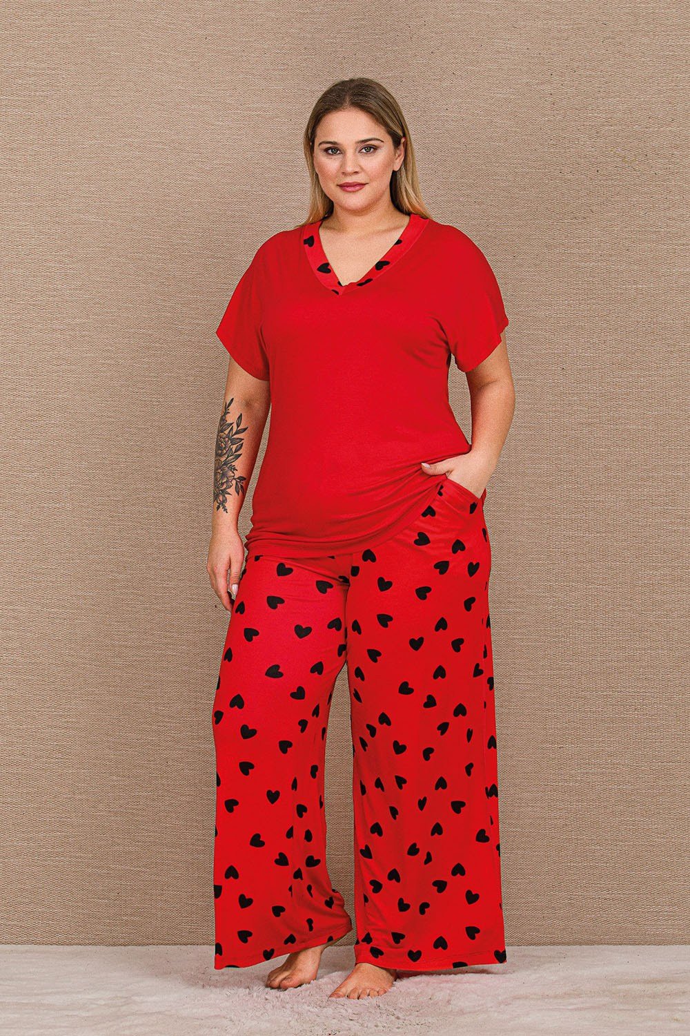 Kalpli Kırmızı Büyük Beden Pijama Takımı