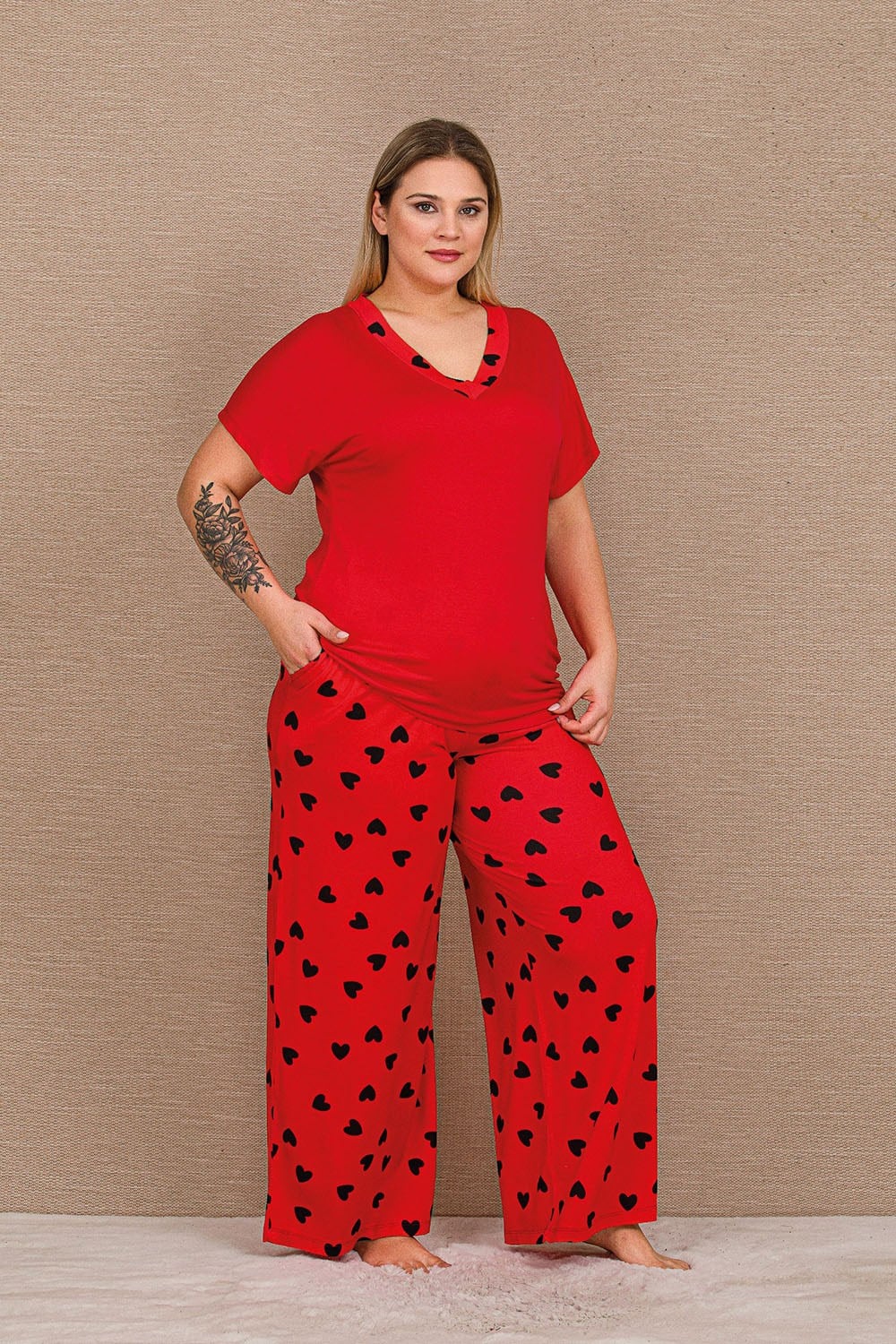 Kalpli Kırmızı Büyük Beden Pijama Takımı