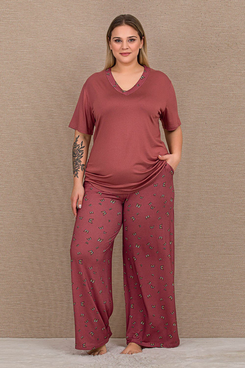 Kelebek Desenli Kiremit Büyük Beden Pijama Takımı