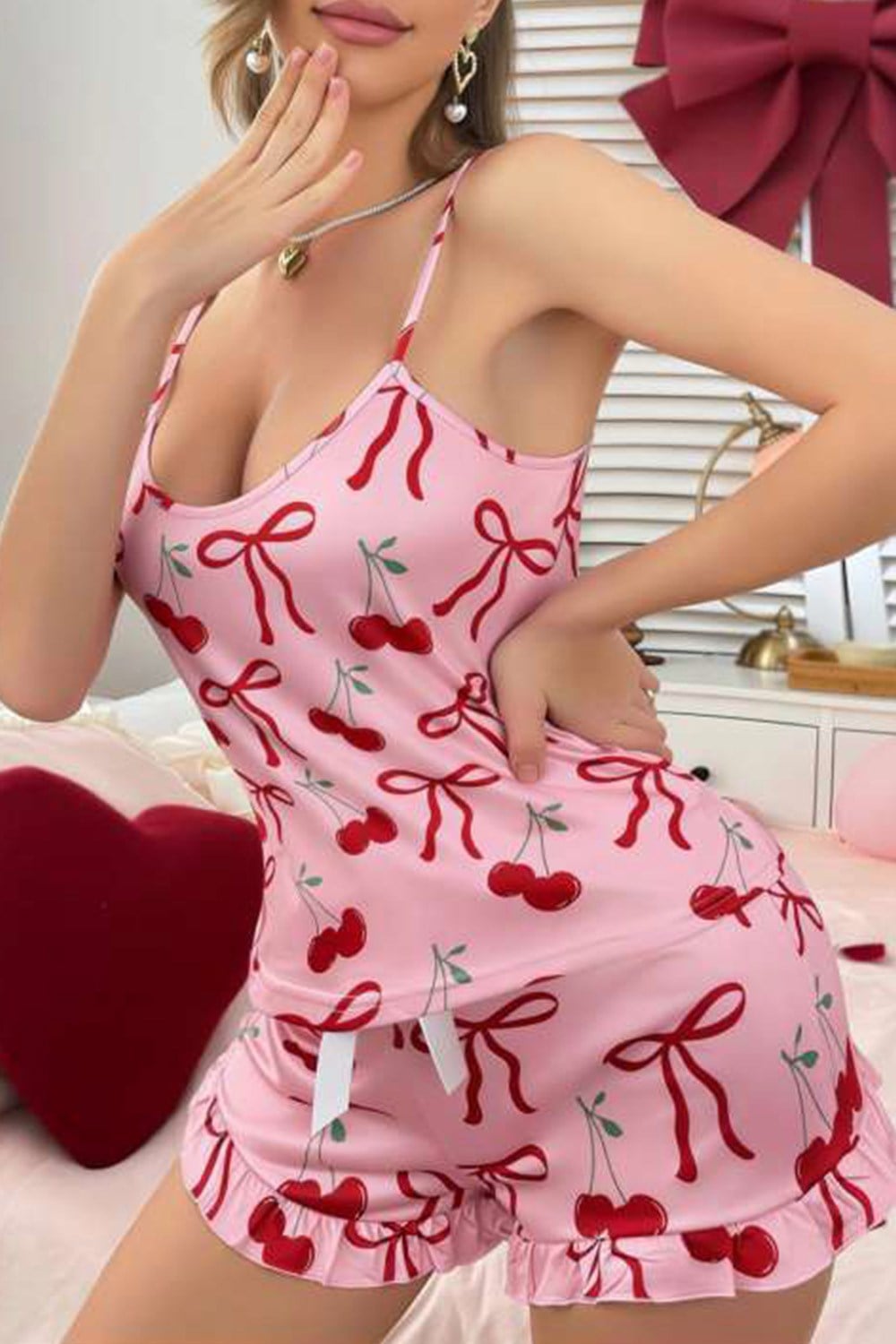 Kirazlı Pembe Atlet Şort Takım