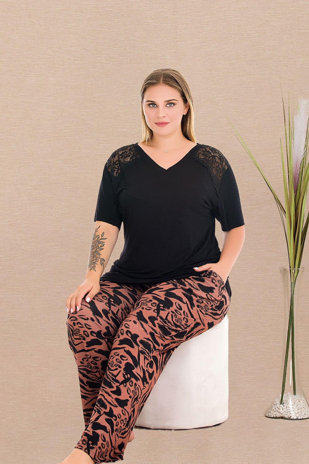 Kiremit Siyah Büyük Beden Pijama Takımı
