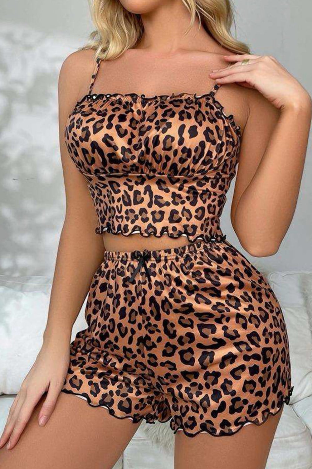 Leopar Desen Saten Atlet Şort Takım