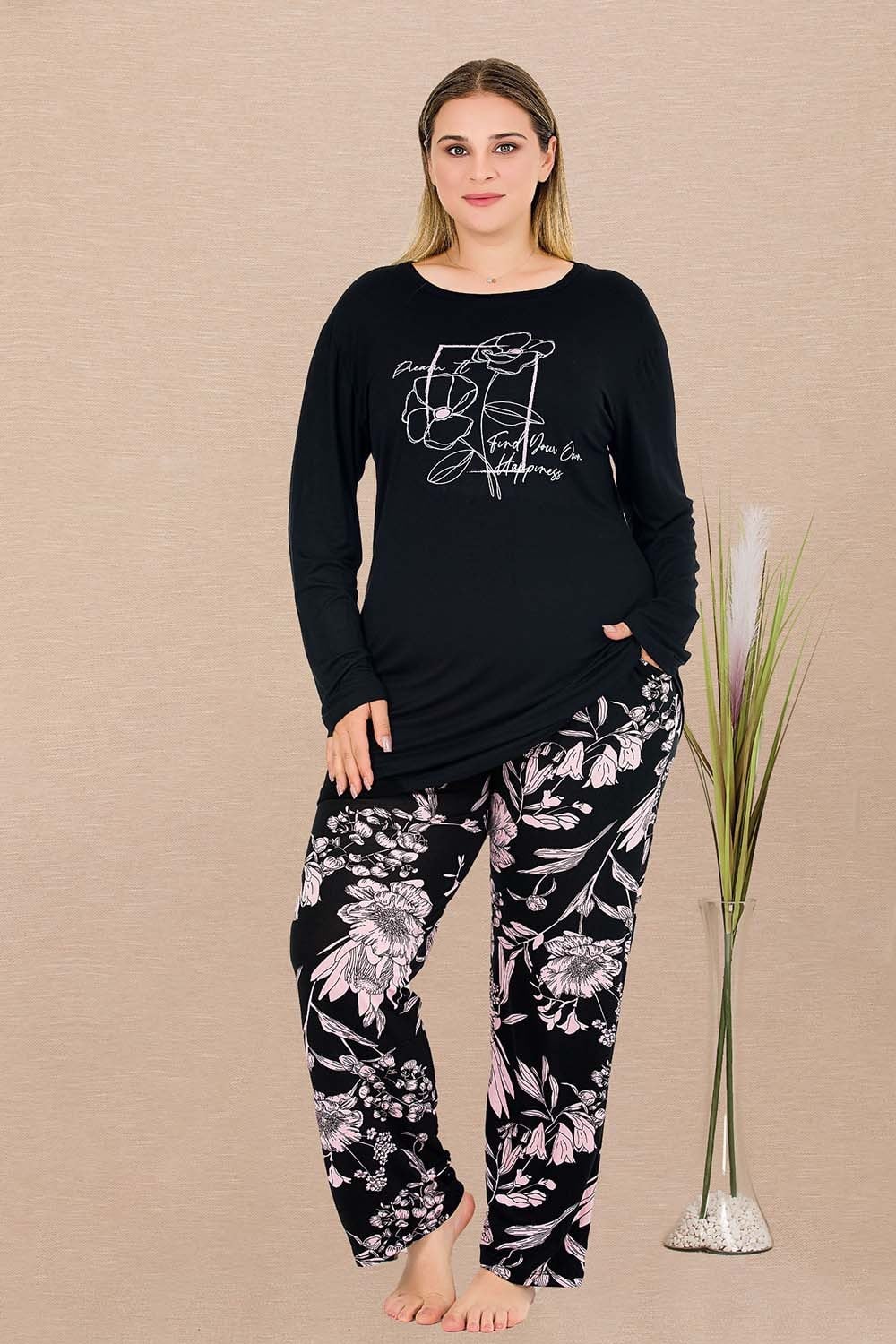 Lila Çiçekli Büyük Beden Pijama Takımı