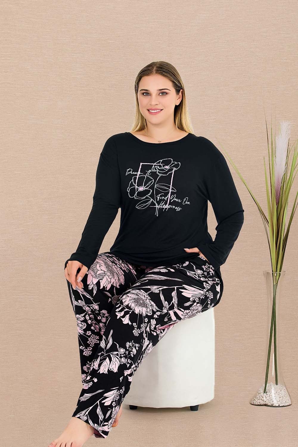 Lila Çiçekli Büyük Beden Pijama Takımı