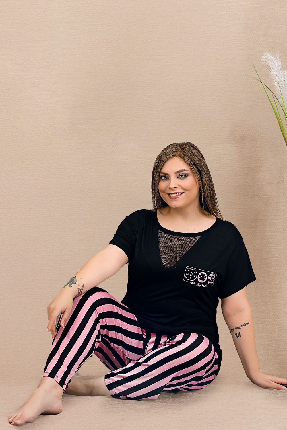 Pembe Siyah Büyük Beden Pijama Takımı