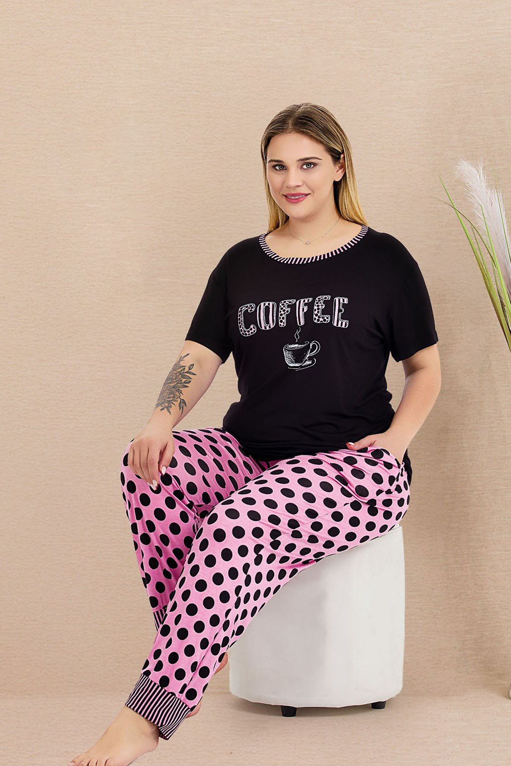Puanlı Siyah Pembe Büyük Beden Pijama Takımı