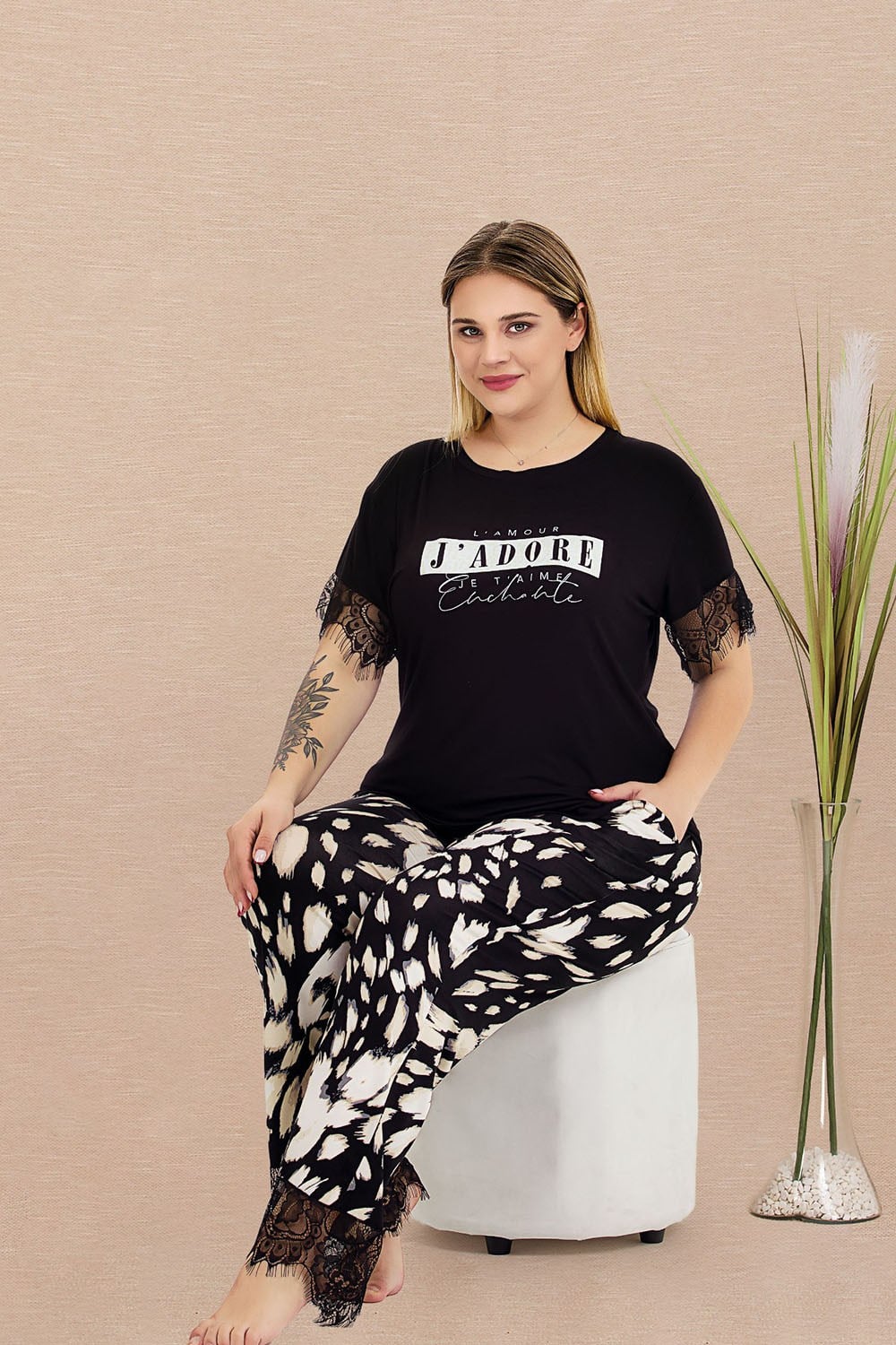 Siyah Beyaz Büyük Beden Pijama Takımı