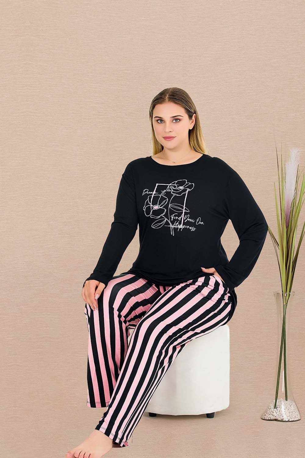 Uzun Kollu Pembe Siyah Büyük Beden Pijama Takımı
