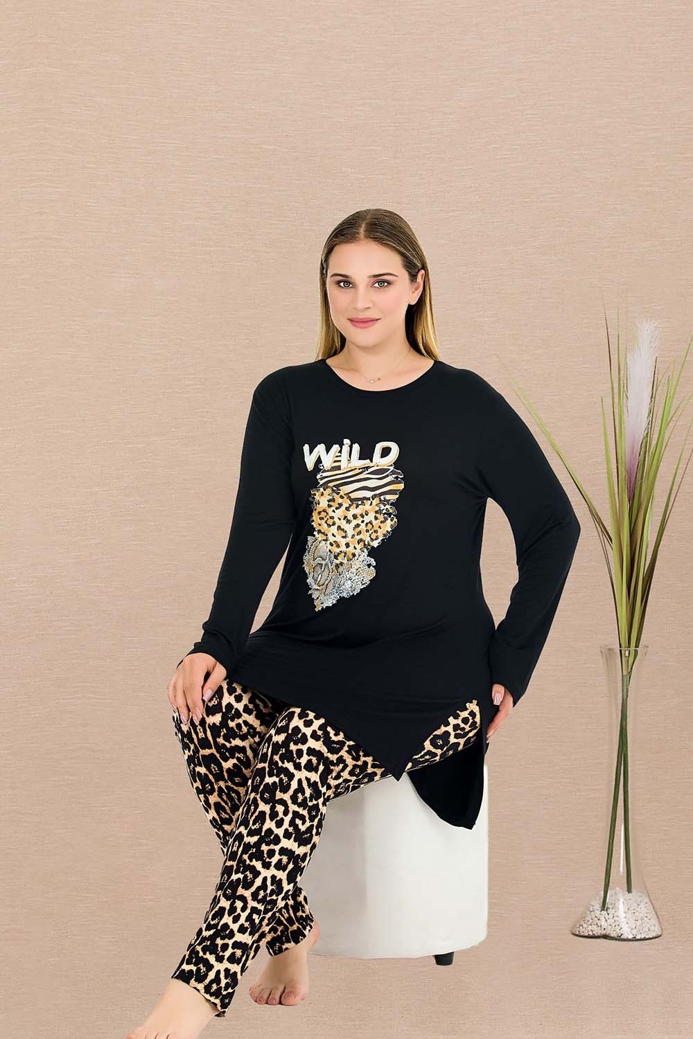 Uzun Kollu Wild Büyük Beden Pijama Takımı