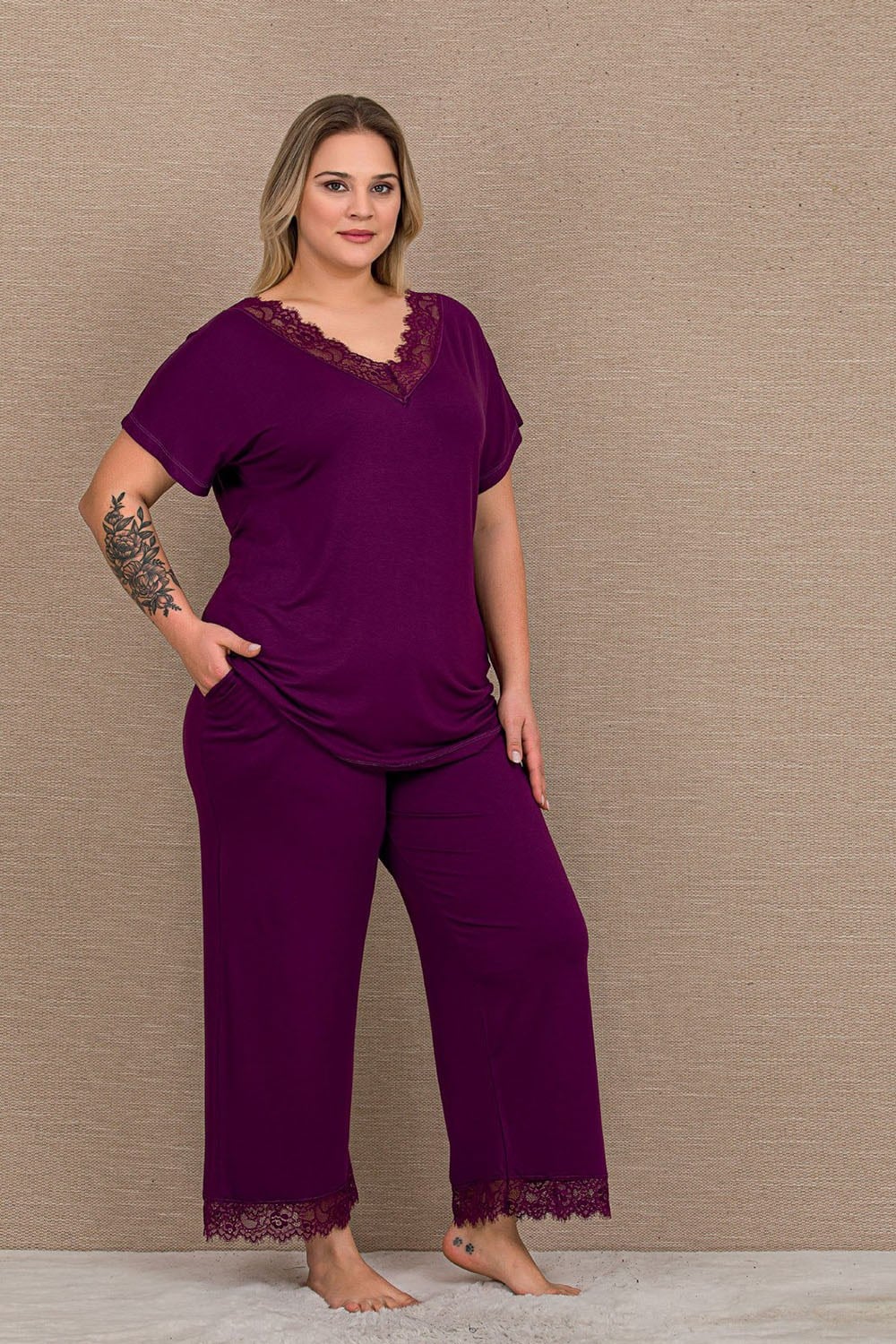 V Dantelli Coton Mürdüm Büyük Beden Pijama Takımı
