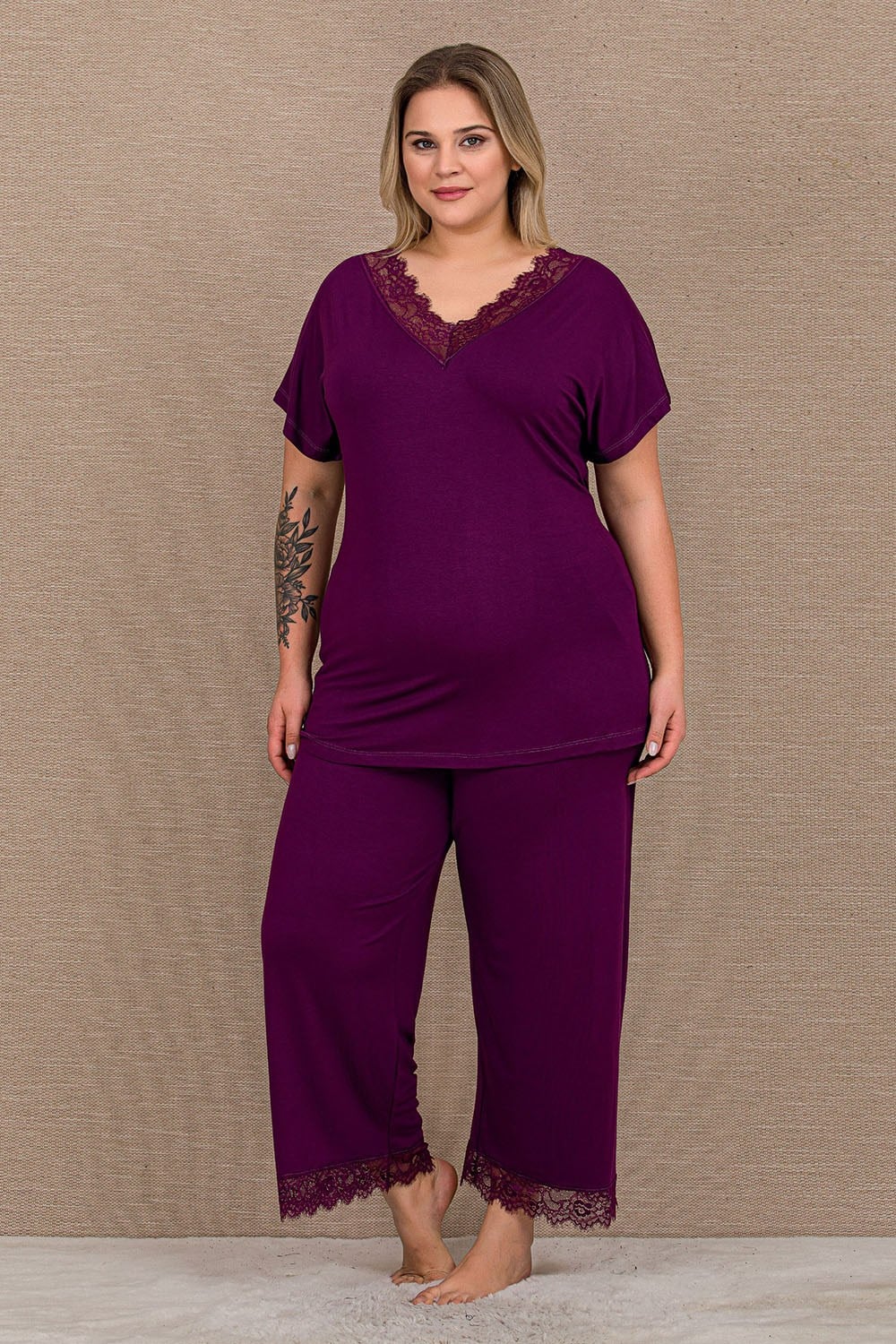 V Dantelli Coton Mürdüm Büyük Beden Pijama Takımı