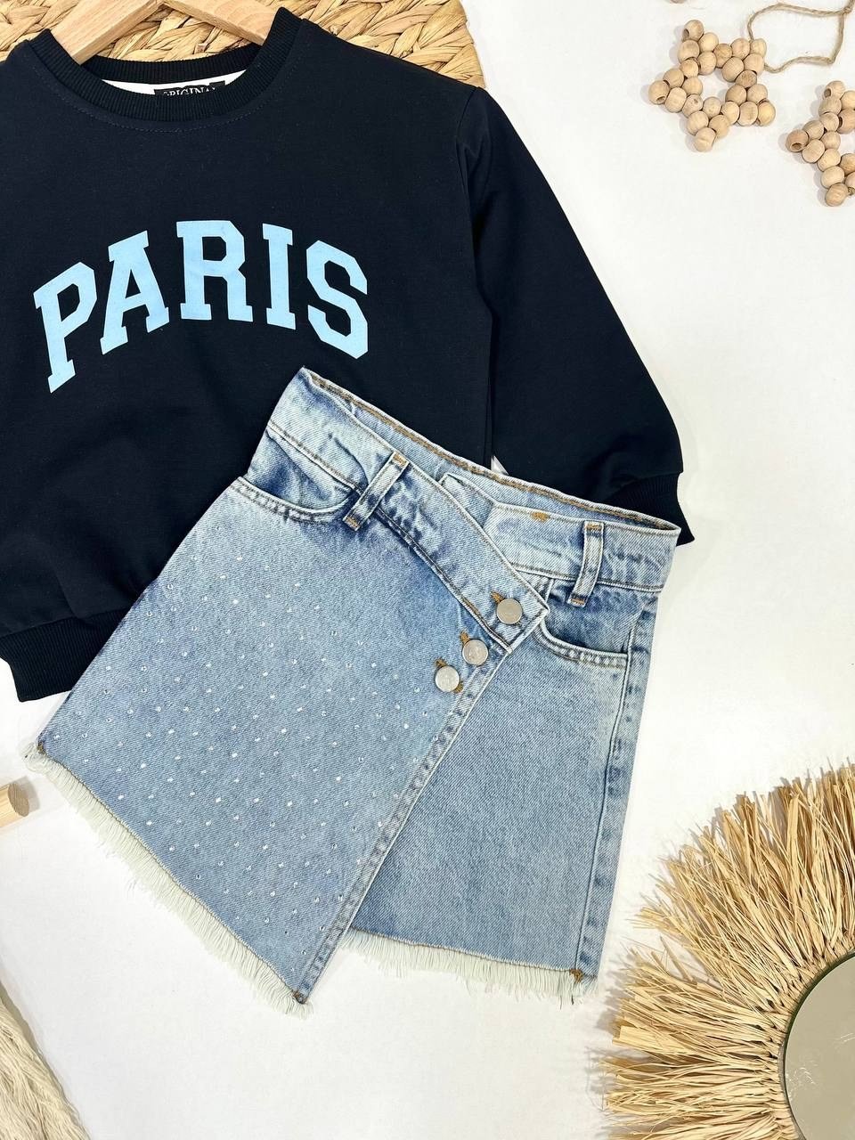 Taşlı Denim Etek Şort