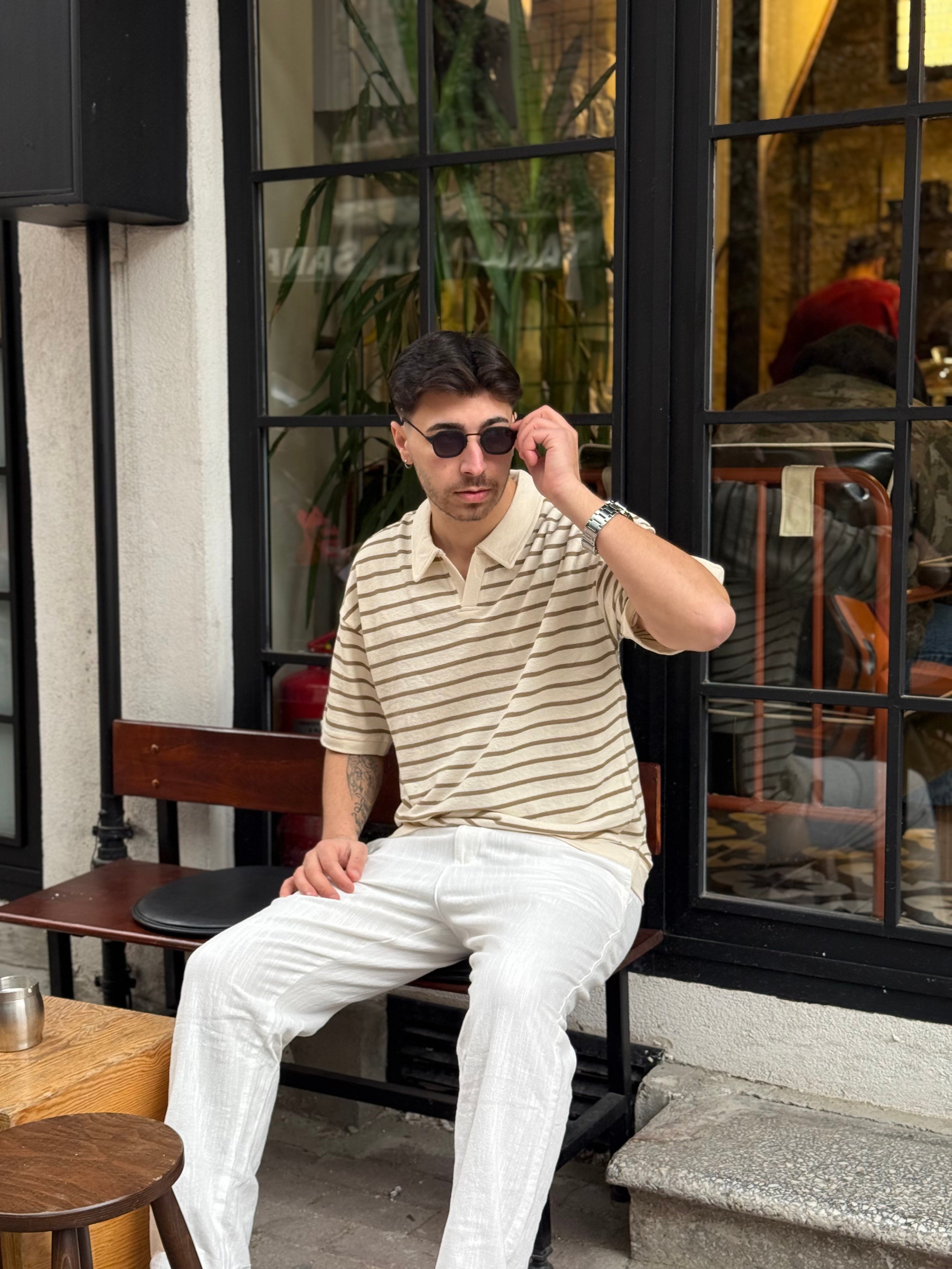 Ekru-Kahverengi Çizgili Fit Polo Yaka Tişört