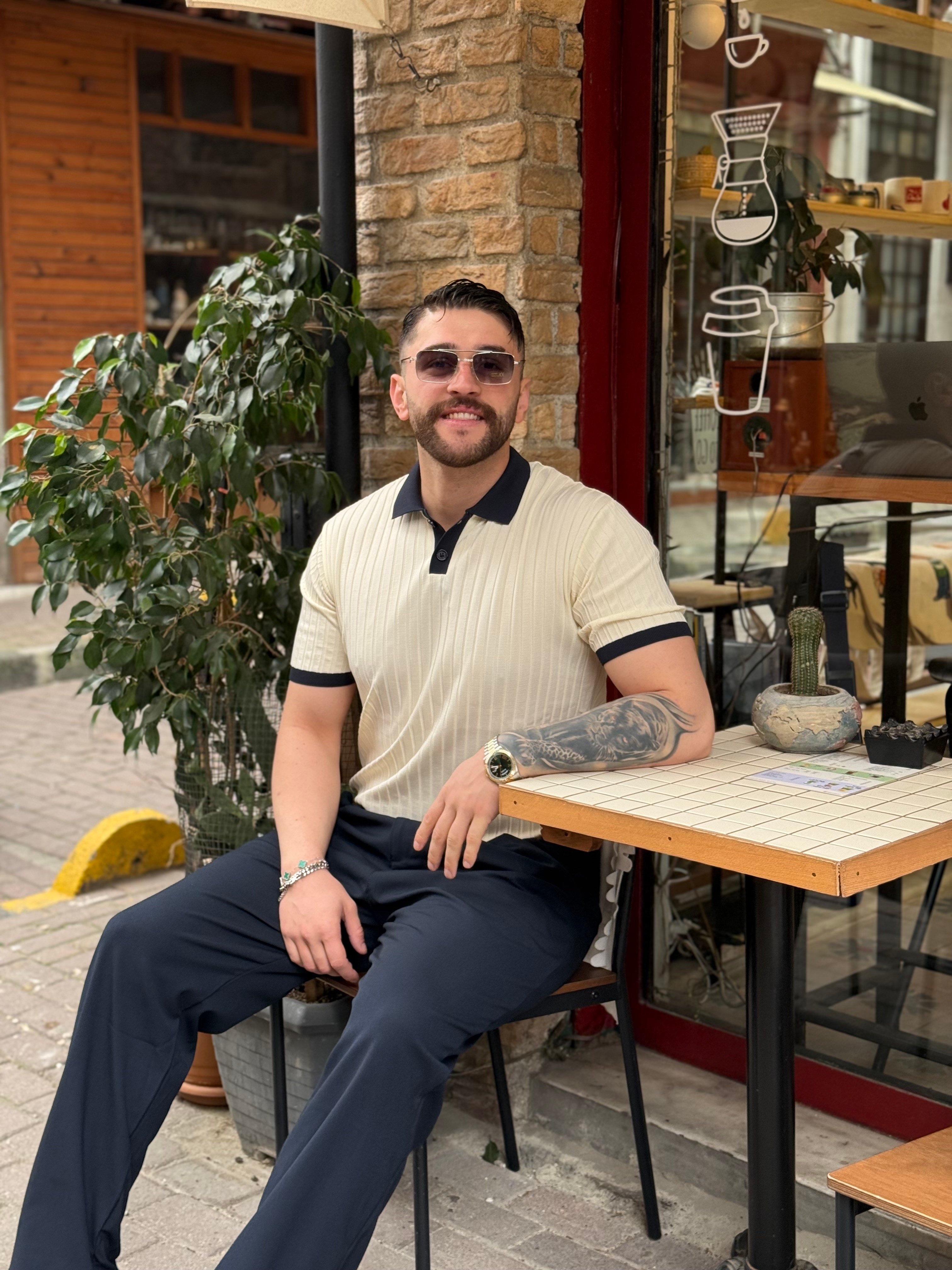 Krem Fitilli Polo Yaka Tişört