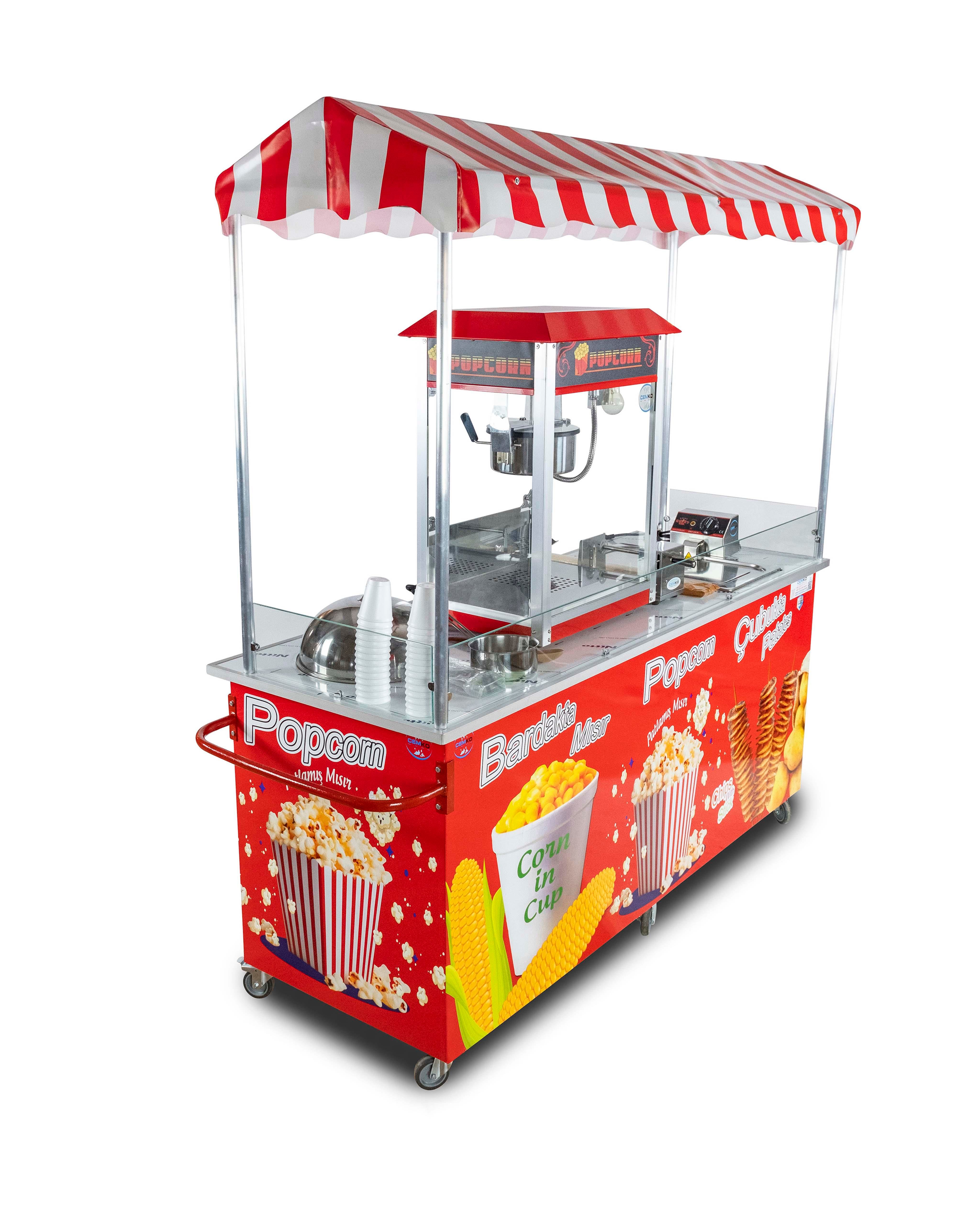 Elektrikli Çubukta Patates Bardakta Mısır ve Popcorn Arabası 65x180