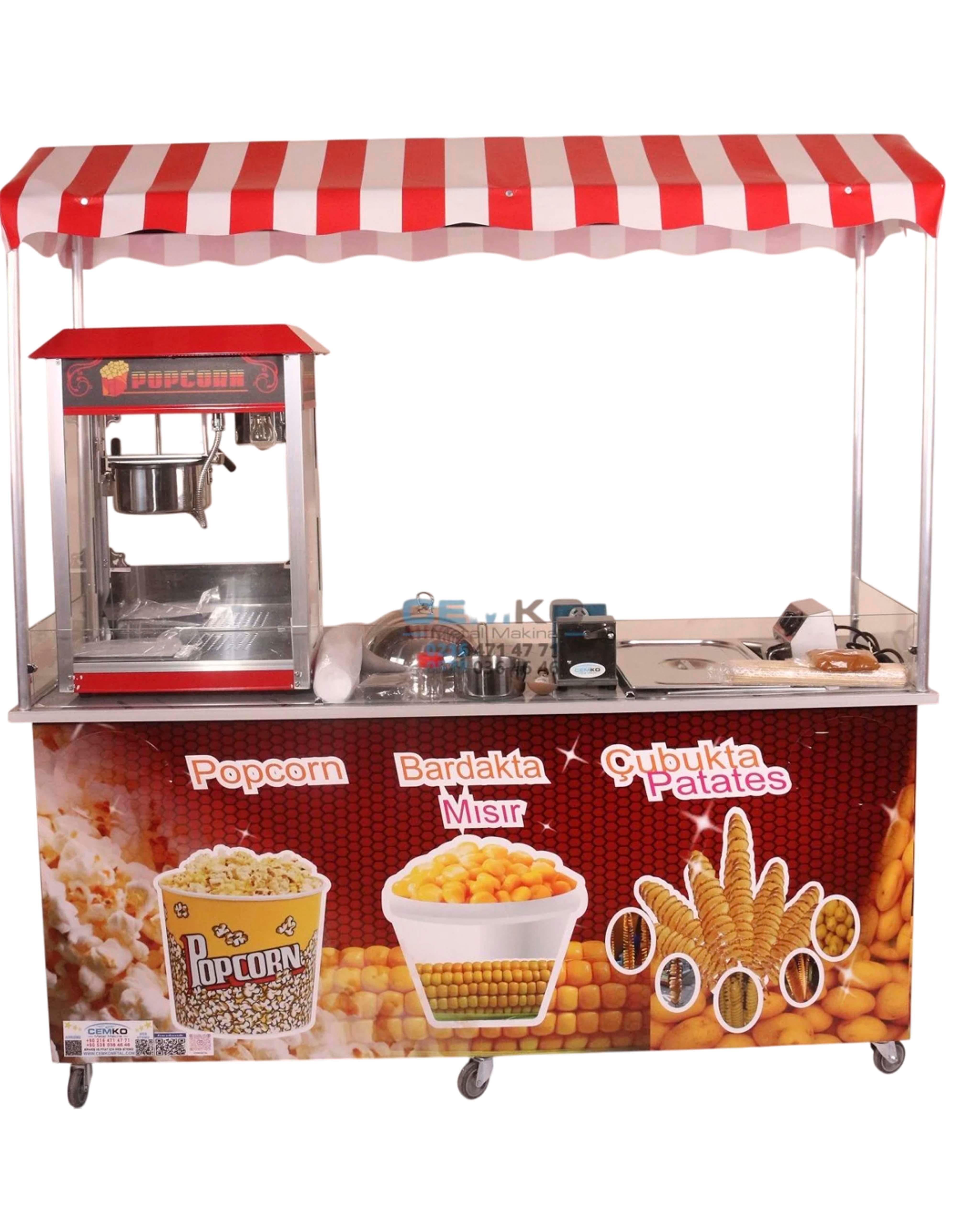Elektrikli Çubukta Patates Popcorn ve Bardakta Mısır Arabası 65x180