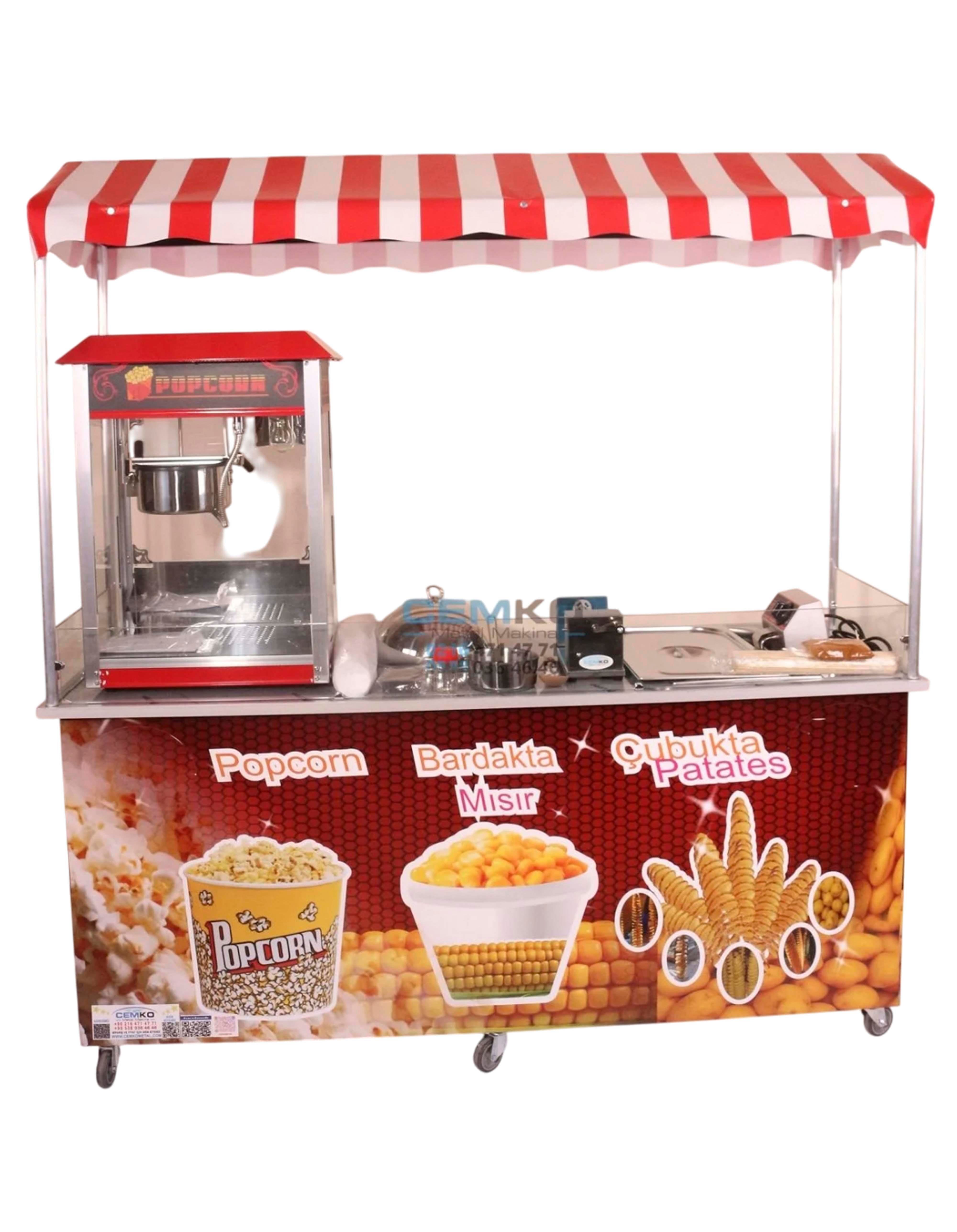Elektrikli Çubukta Patates Popcorn ve Bardakta Mısır Arabası 65x180