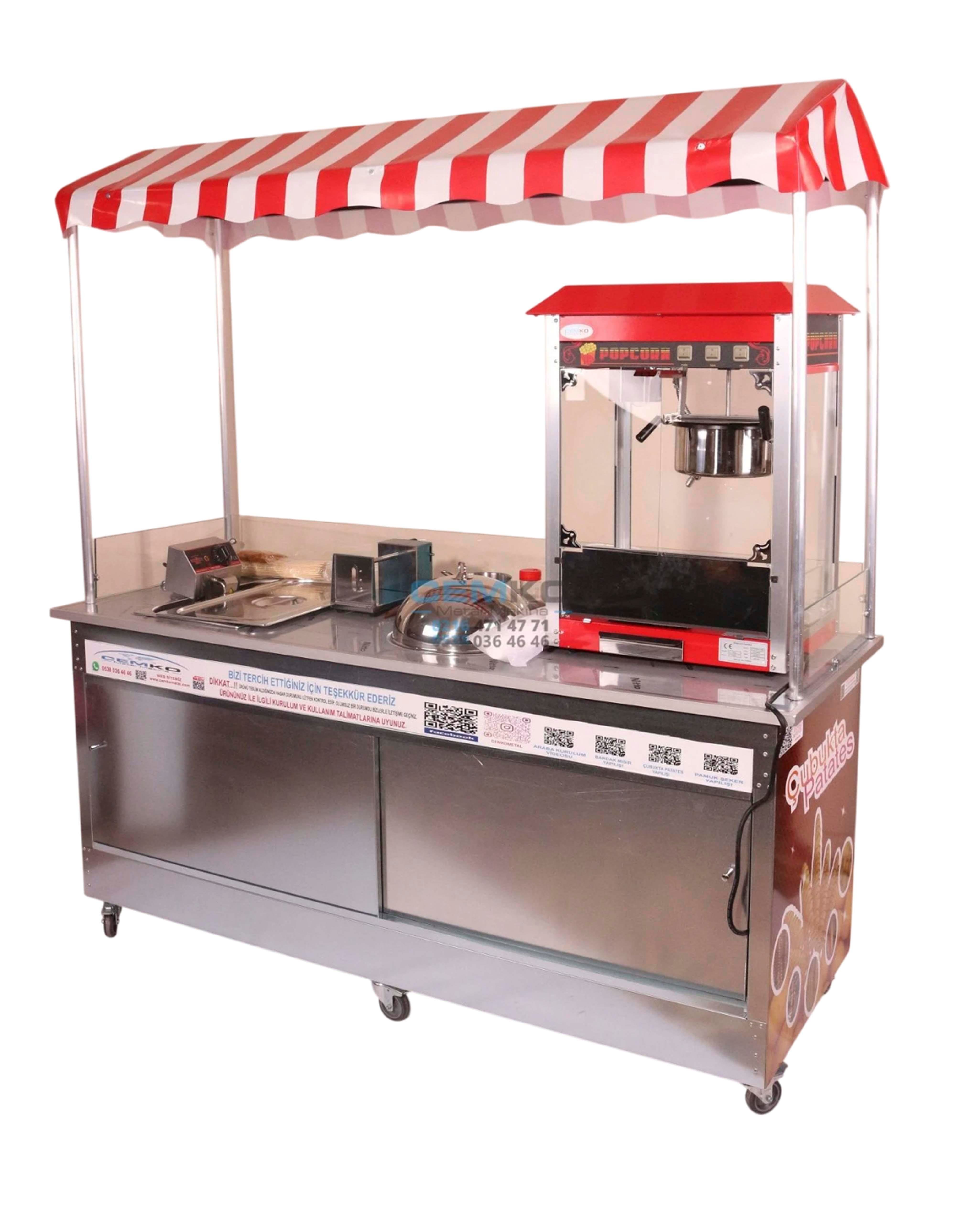 Elektrikli Çubukta Patates Popcorn ve Bardakta Mısır Arabası 65x180