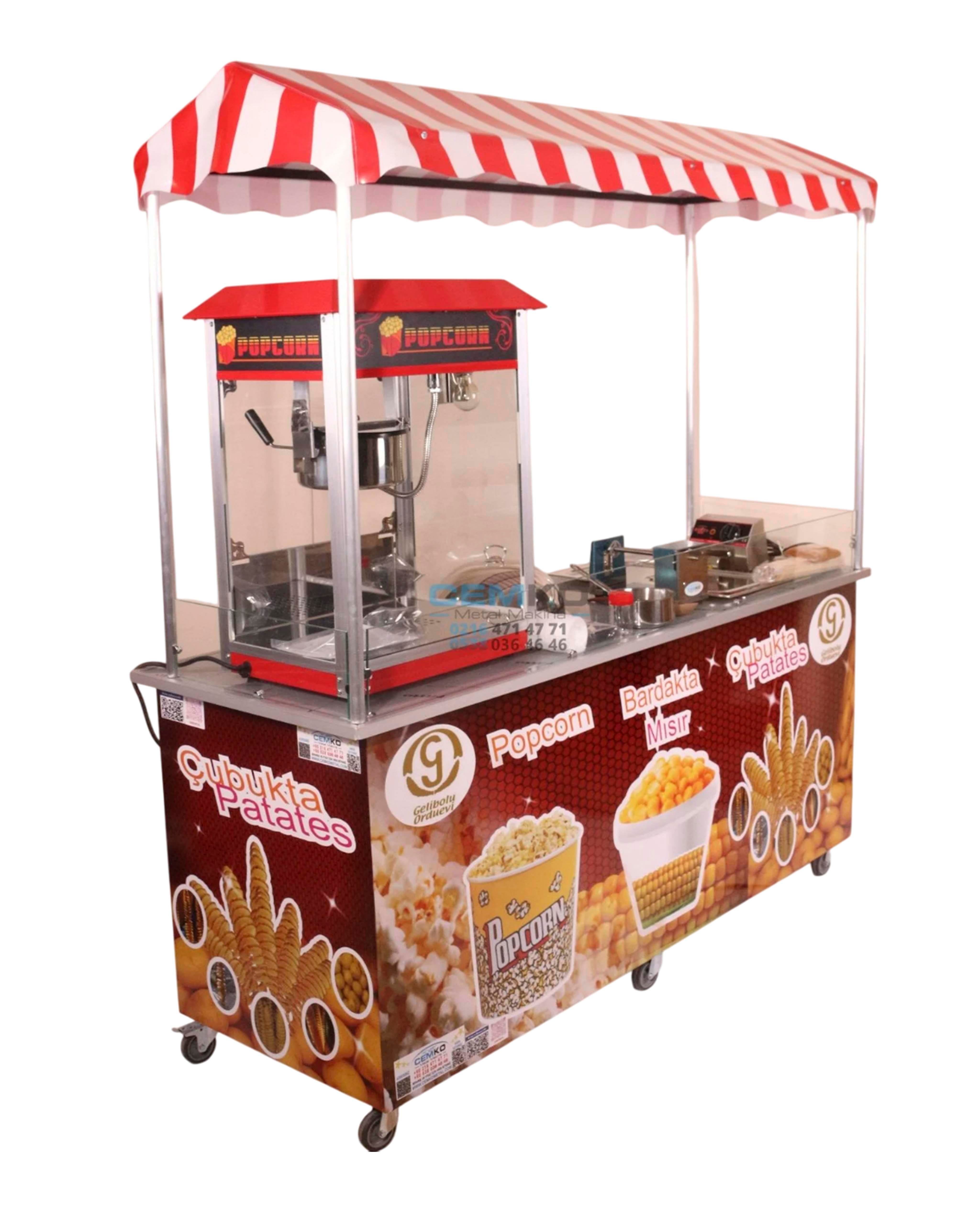 Elektrikli Çubukta Patates Popcorn ve Bardakta Mısır Arabası 65x180