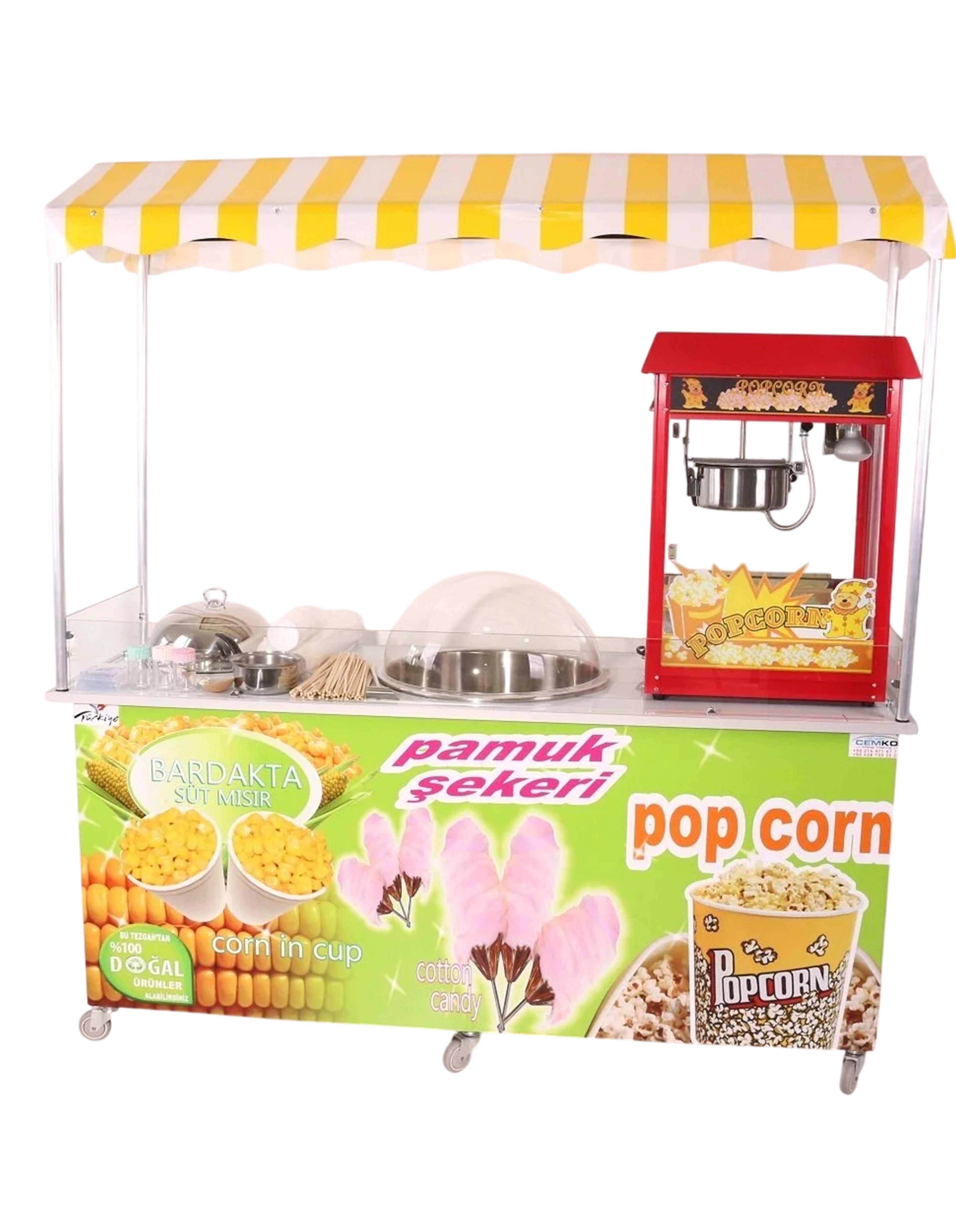 Elektrikli Pamuk Şeker Popcorn ve Bardakta Mısır Arabası 65x180