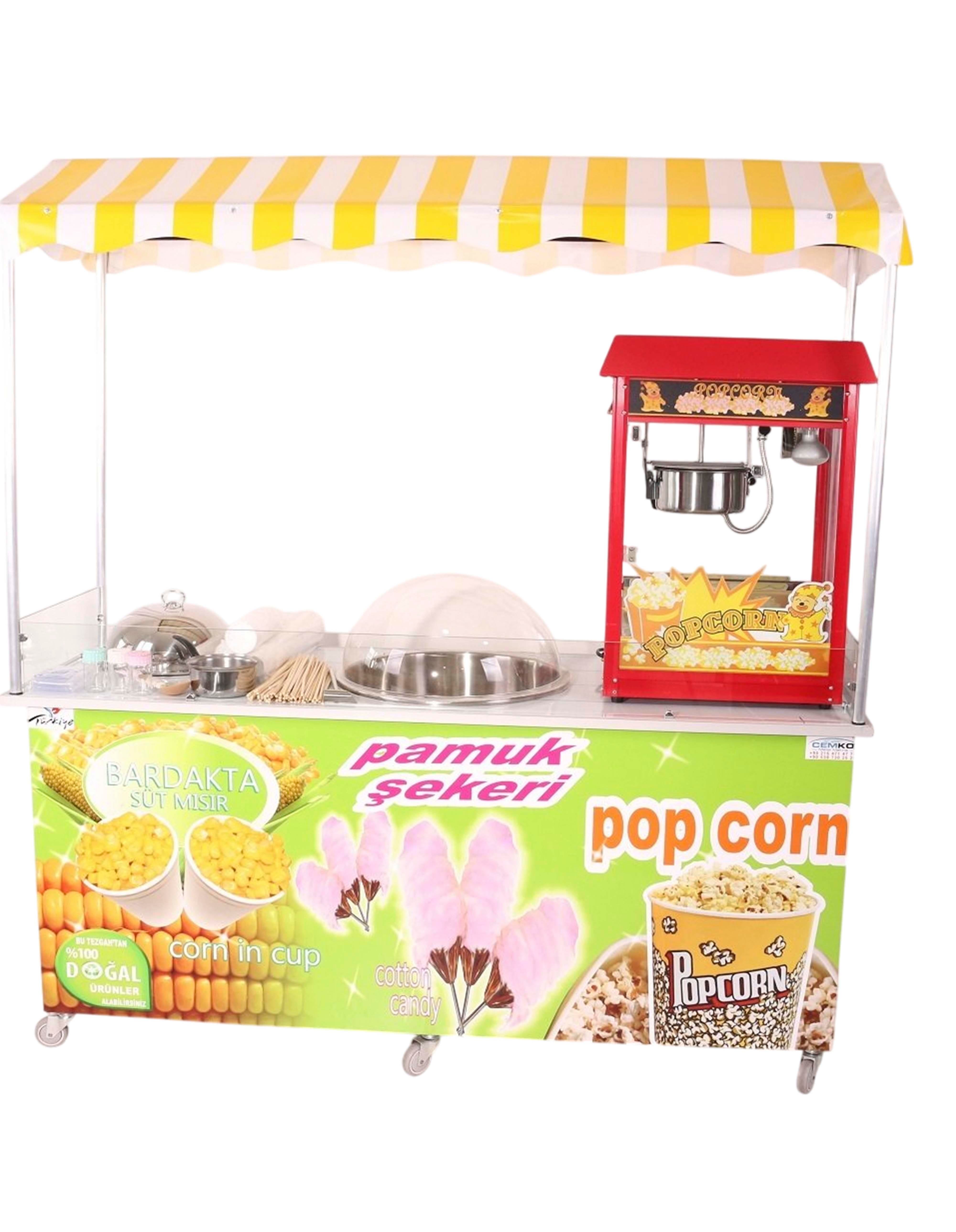 Elektrikli Pamuk Şeker Popcorn ve Bardakta Mısır Arabası 65x180