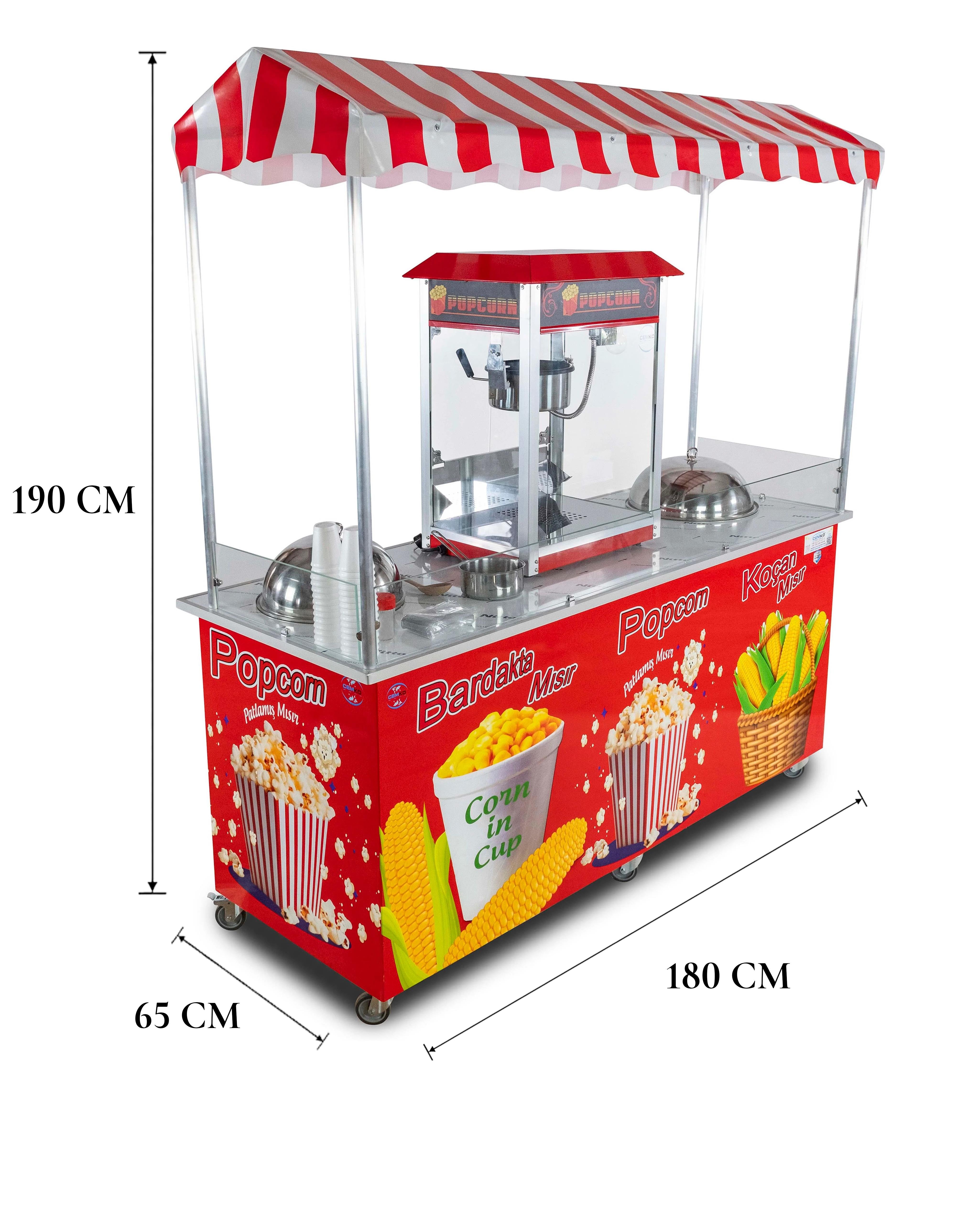 Elektrikli Popcorn Mısır Patlatma, Koçan Mısır ve Bardakta Mısır Tezgahı 65x180 (Model Ayvalık)
