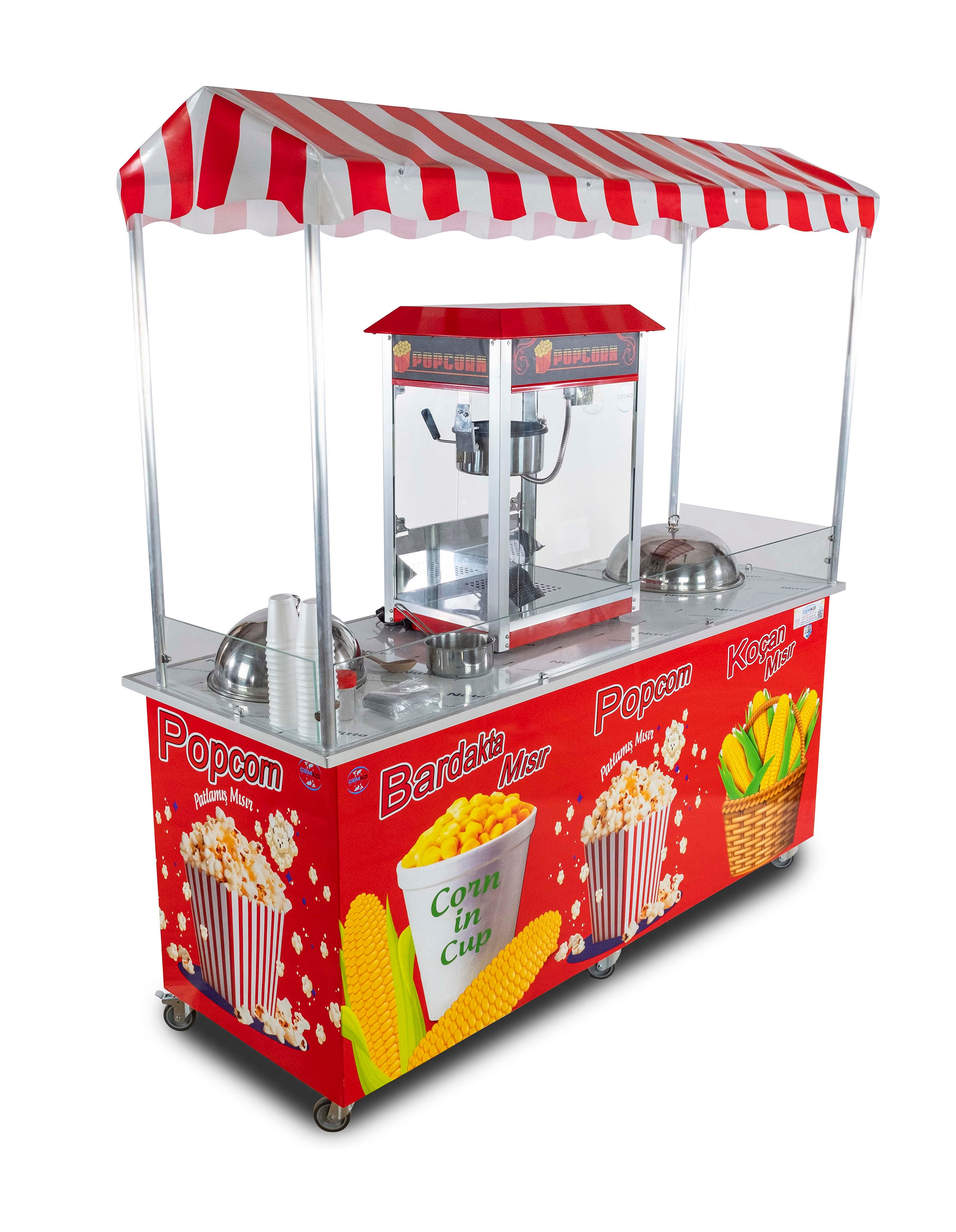 Elektrikli Popcorn Mısır Patlatma, Koçan Mısır ve Bardakta Mısır Tezgahı 65x180