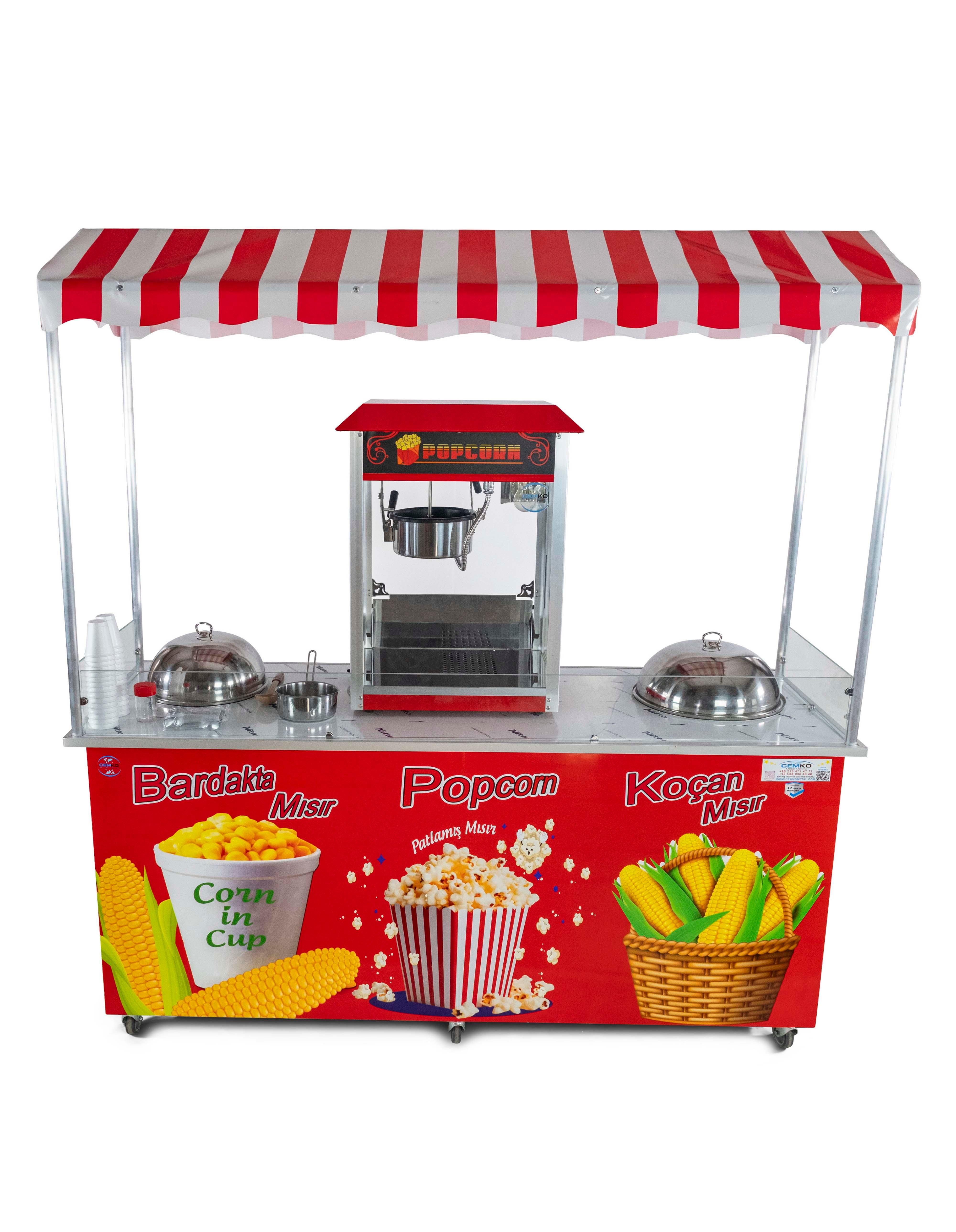 Elektrikli Popcorn Mısır Patlatma, Koçan Mısır ve Bardakta Mısır Tezgahı 65x180