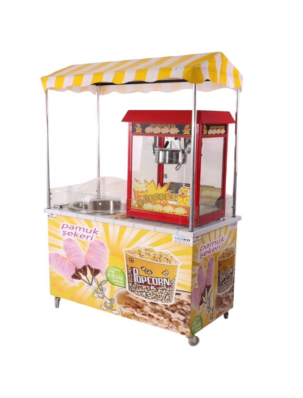 Pamuk Şeker Popcorn Mısır Patlatma Arabası 60x120 (Model Aydın) 