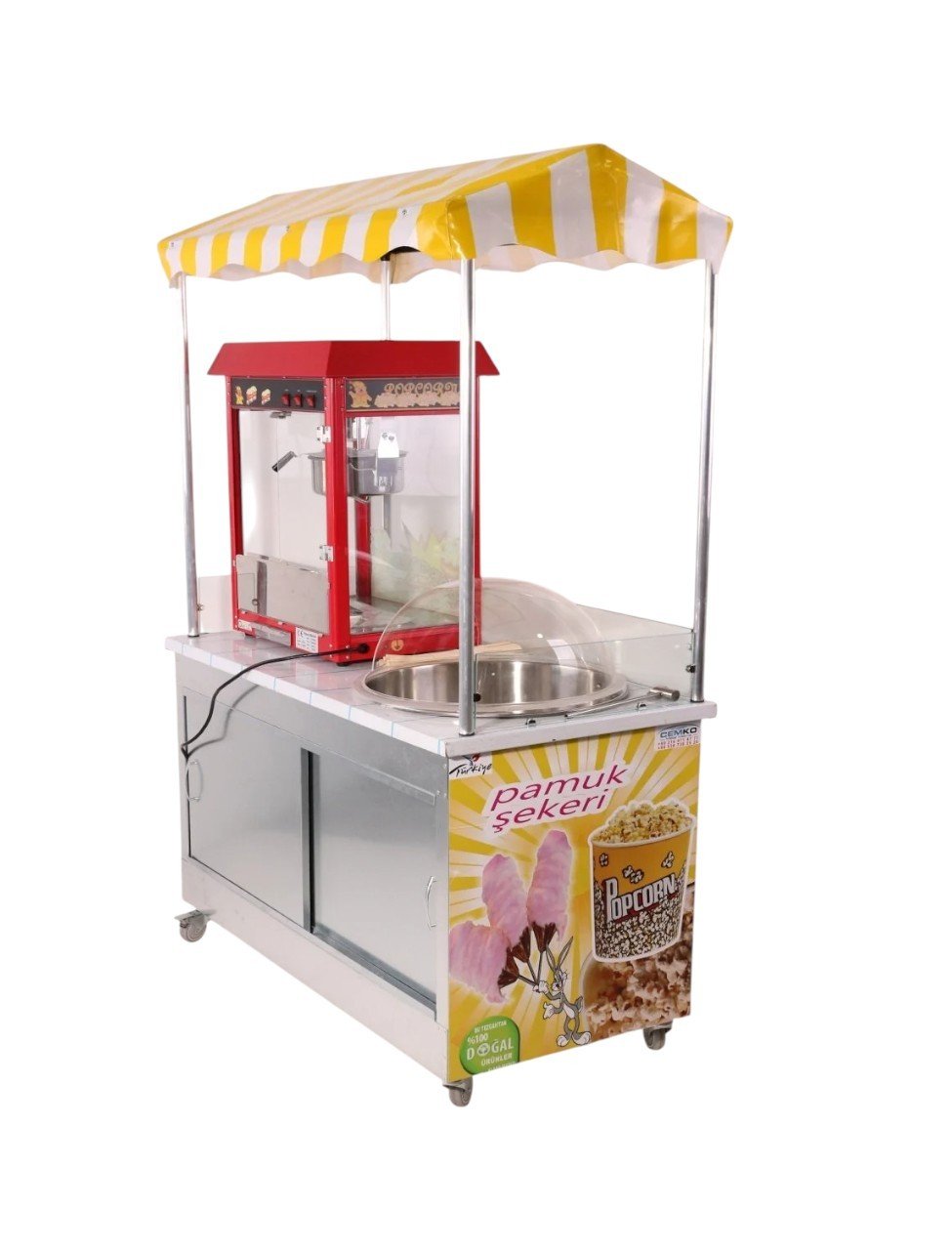 Pamuk Şeker Popcorn Mısır Patlatma Arabası 60x120 (Model Aydın) 