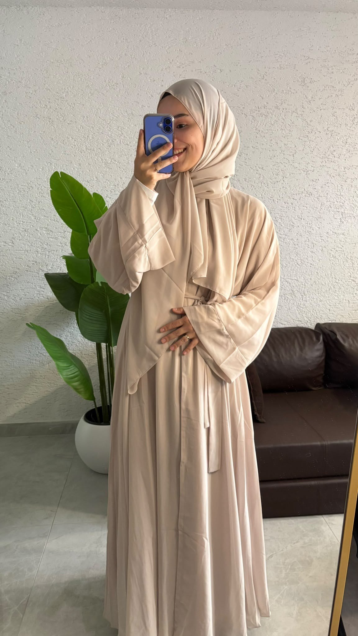 2li Şifon Krem Abaya Takım