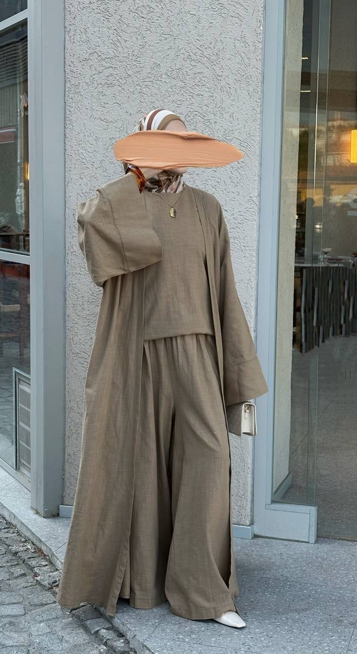 Doğal Kumaş 3lü Abaya Vizon Set