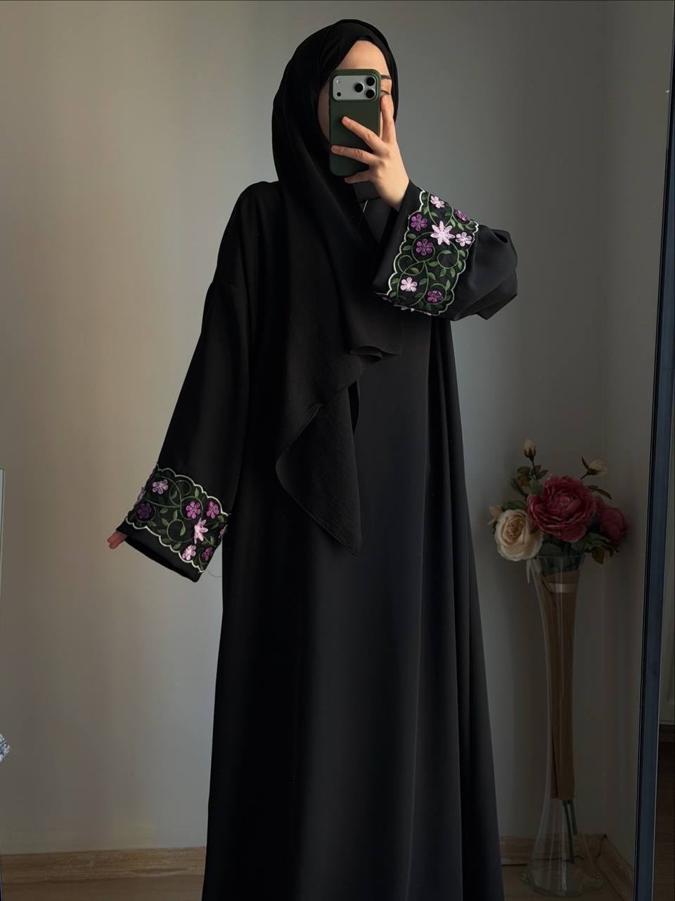 Gülçe Abaya Kol Siyah Krep Elbise