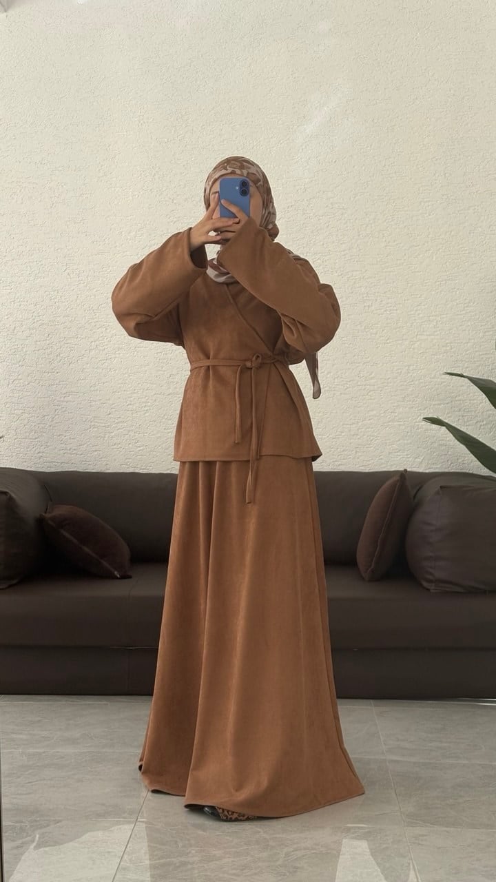 Kadın Süet Etekli Takım Taba