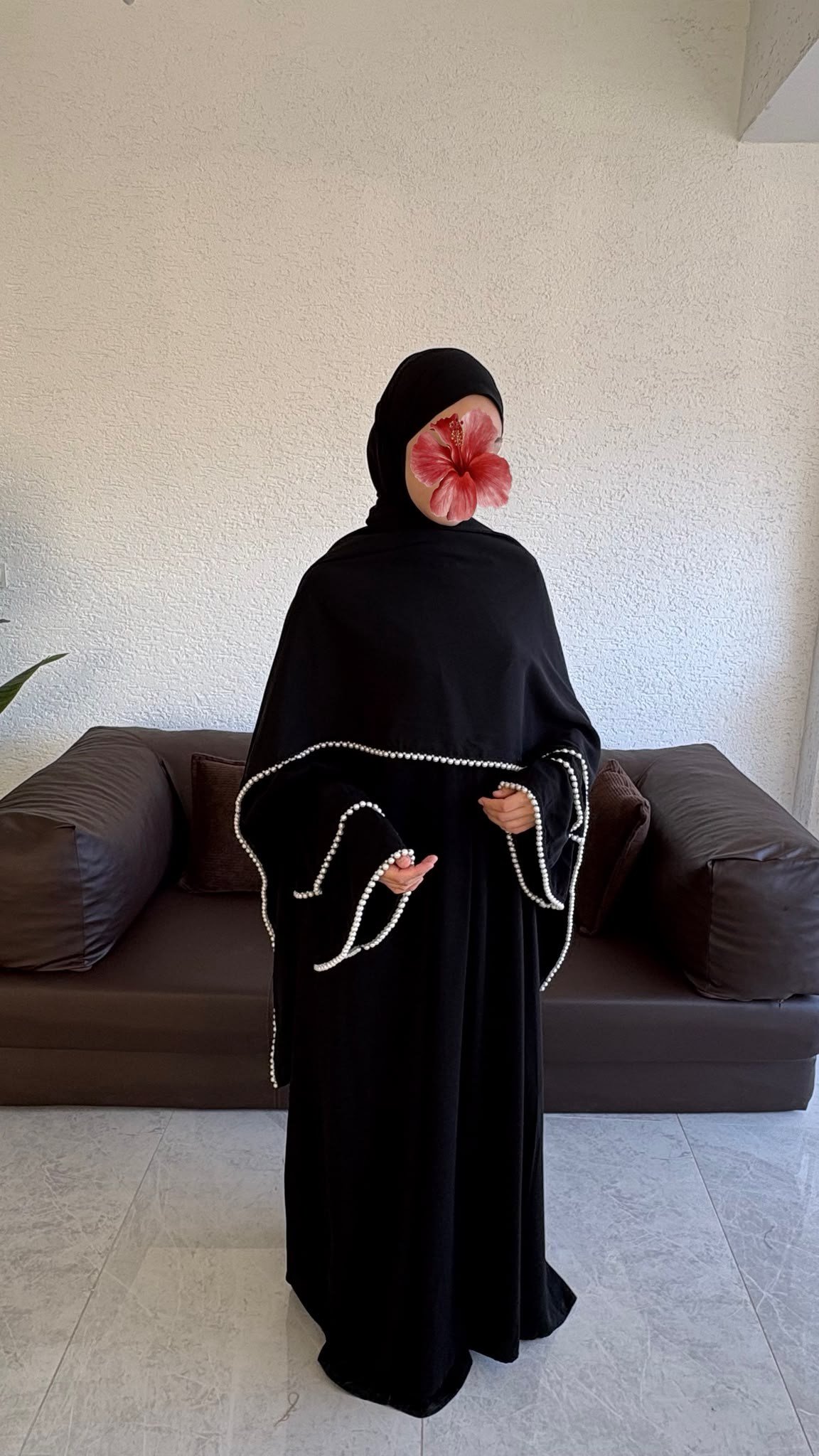 Kolu İki Katlı İncili Medine İpeği  Robasız Tesettür Elbise Ve Şal
