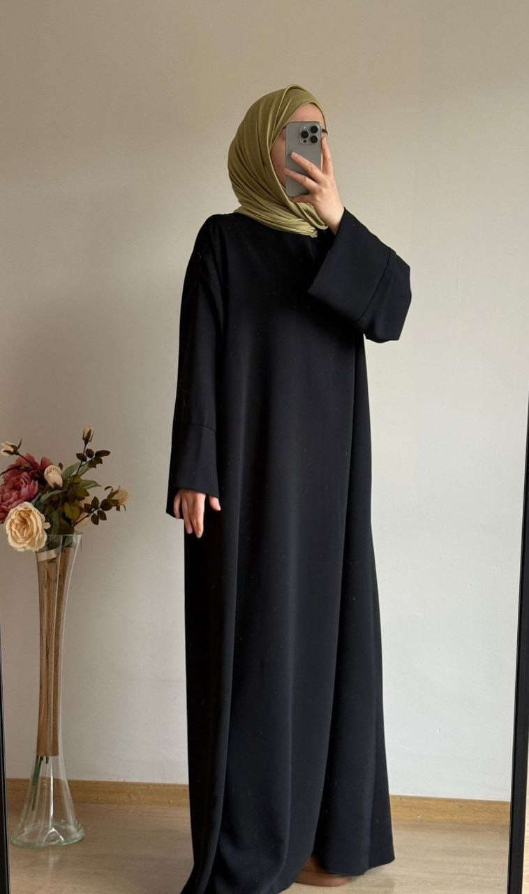 Krep Siyah Abaya Kol Düz Elbise