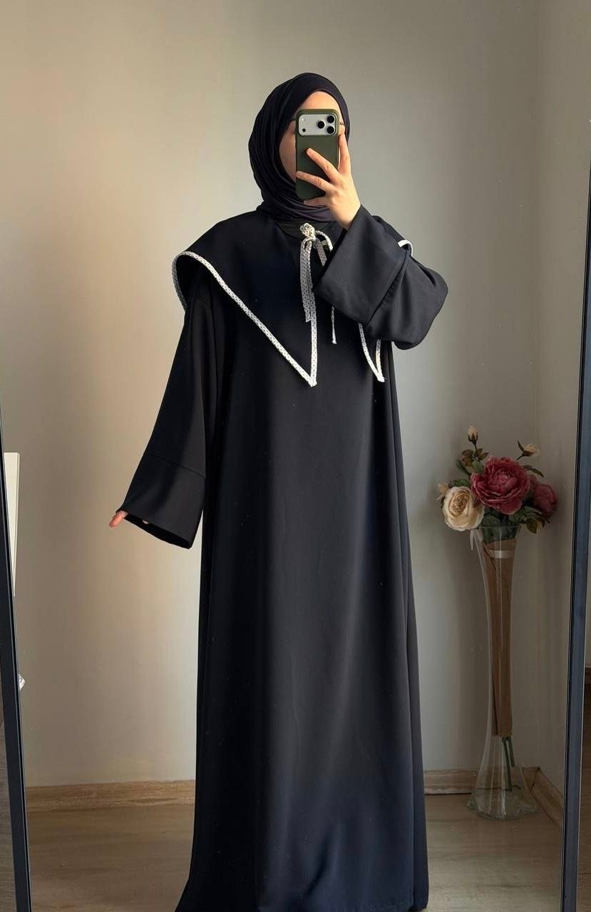 Yakalıklı Krep Lacivert Abaya Kol Düz Elbise