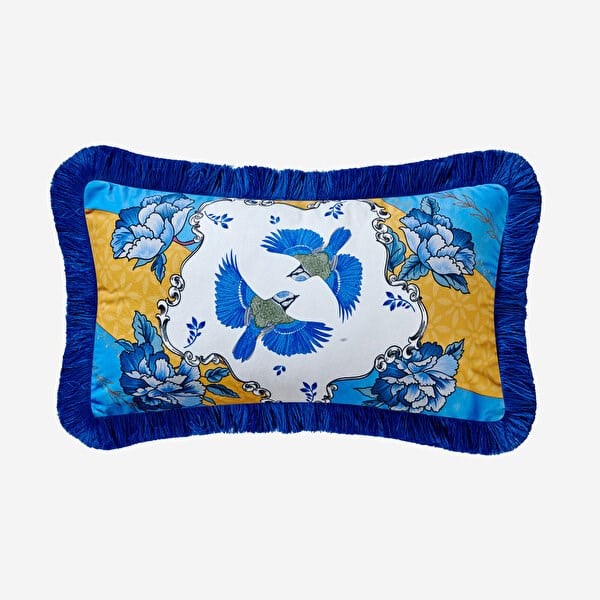Allure Kuş Desenli Kadife Yastık 30*50 Cm - Mavi CATALK3050PLBR
