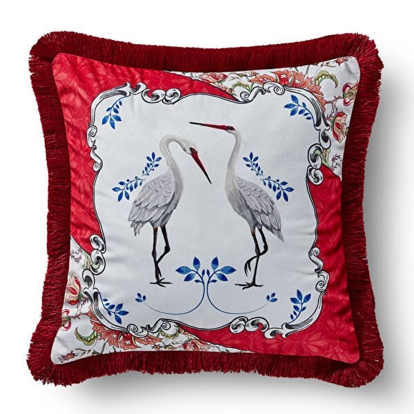 ALLURE LEYLEK DESENLİ KADİFE YASTIK 43*43 CM - kırmızı