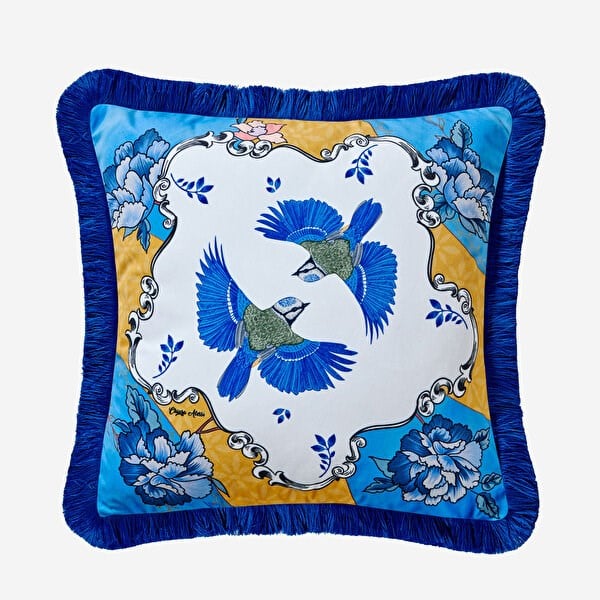 ALLURE YASTIK - KUŞLU 43*43 CM KADİFE - mavi