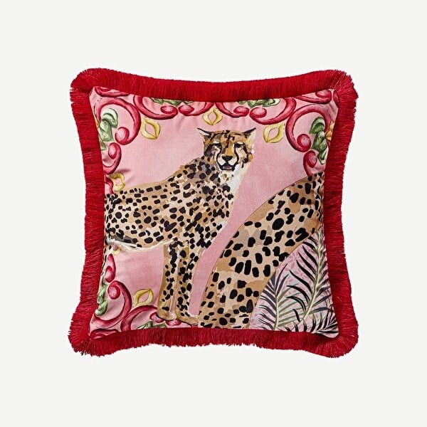Il Gıardıno Yastık - Leopar 45X45 Cm  Kadife - Kırmızı CATILK4545PLLE