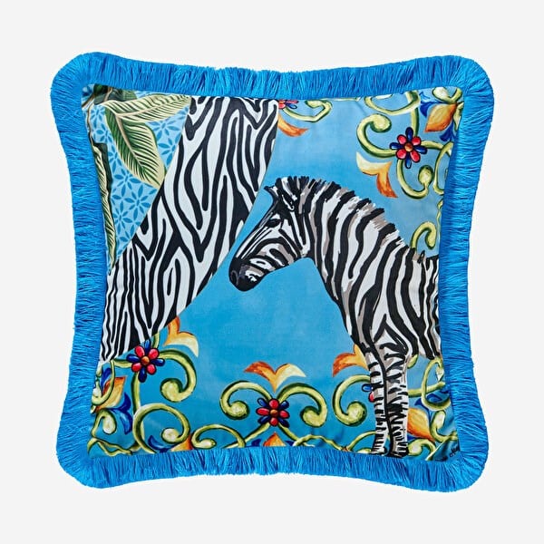 IL GIARDINO ZEBRA DESENLİ KADİFE YASTIK 43*43 CM - mavi