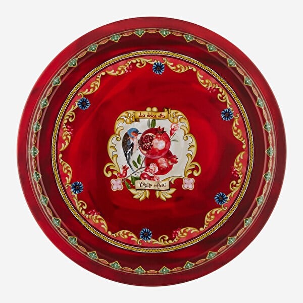 La Dolce Vita 34 cm Yuvarlak Servis Metal Tepsi - kırmızı narlı