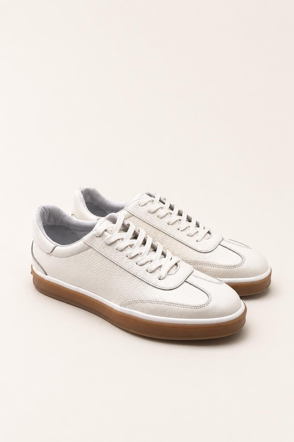Erkek Ekru Hakiki Deri Bağcıklı Sneaker Kauçuk Taban Günlük Casual Ayakkabı – Tempura
