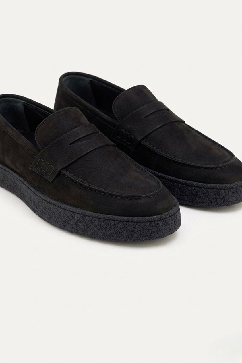 Erkek Siyah Nubuk Loafer Hakiki Dana Derisi İç Dış Deri Kauçuk Taban Günlük Casual Ayakkabı – Venedik