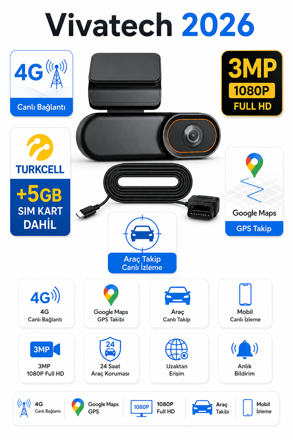 Vivatech 2026 4G Akıllı Araç İçi Kamera - 3MP Canlı Görüntülü Araç Takip Sistemi, Google Maps GPS 1080P (+5 GB Sim Kart)