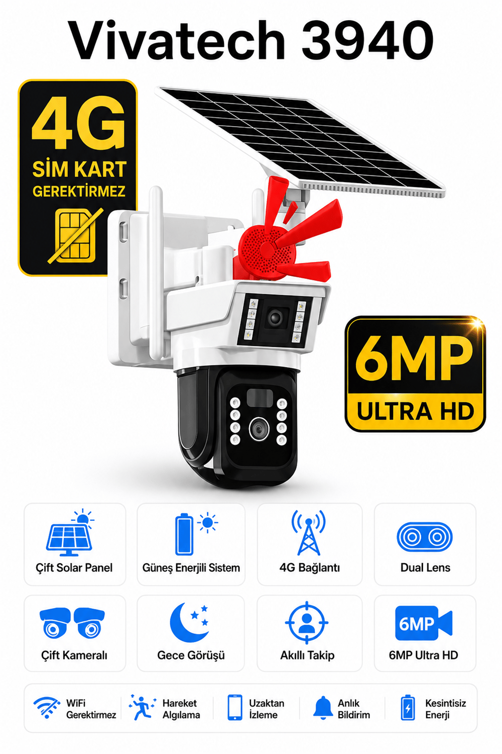 Vivatech 3940 4G Çift Solar Panelli Güvenlik Kamerası - Dual Lens 6MP Çift Kameralı Akıllı Güneş Enerjili Sistem
