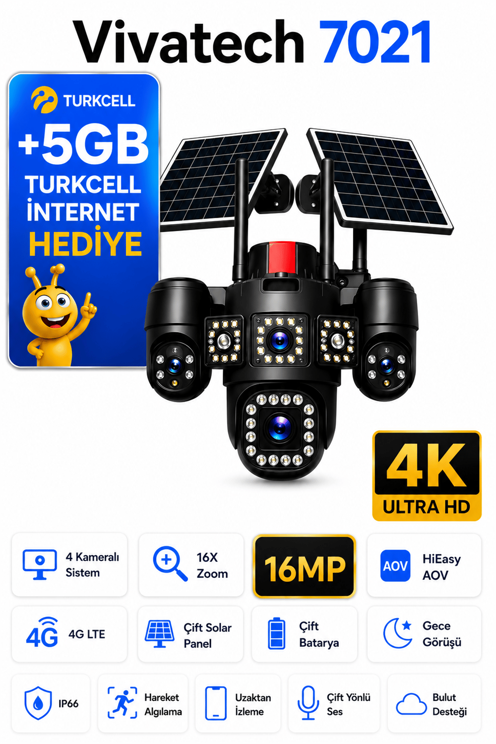 Vivatech 7021 16 MP 4G Çift Solar Panelli Güvenlik Kamerası - 4 Kameralı 16X Zoom, HiEasy AOV Sürekli Kayıt Sesli Görüşme